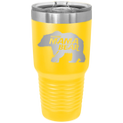Laser etched yellow 30 oz vacuum insulated tumbler with 'Beware Mama Bear' design