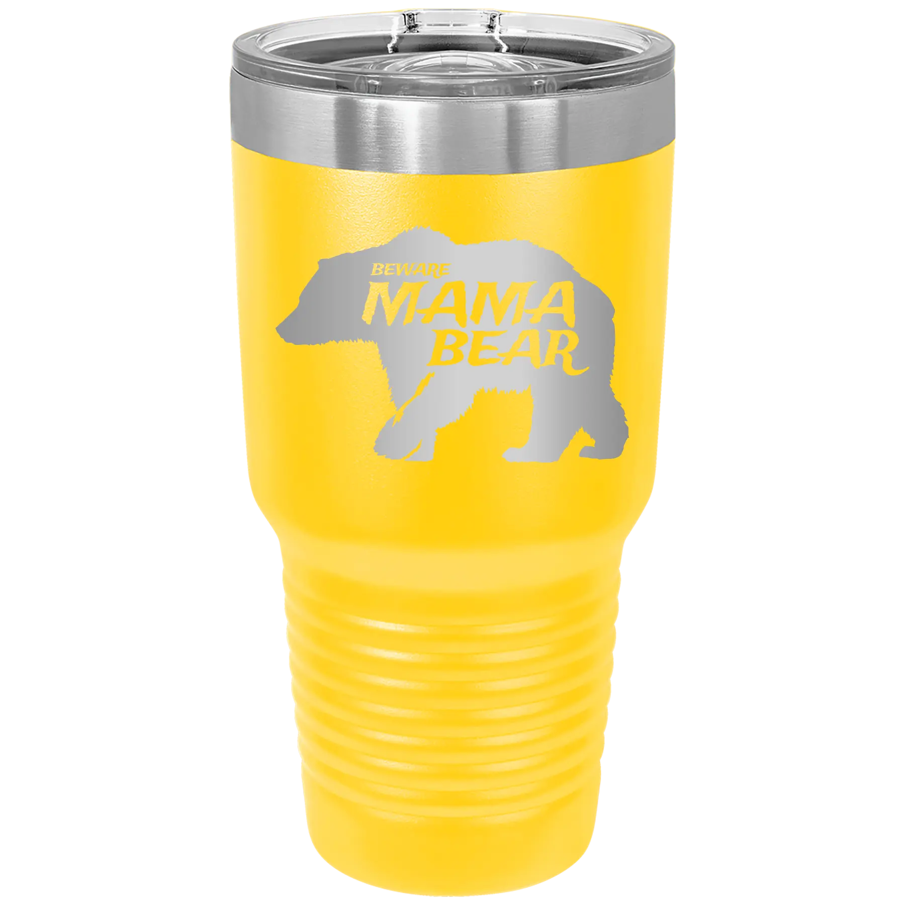Laser etched yellow 30 oz vacuum insulated tumbler with 'Beware Mama Bear' design