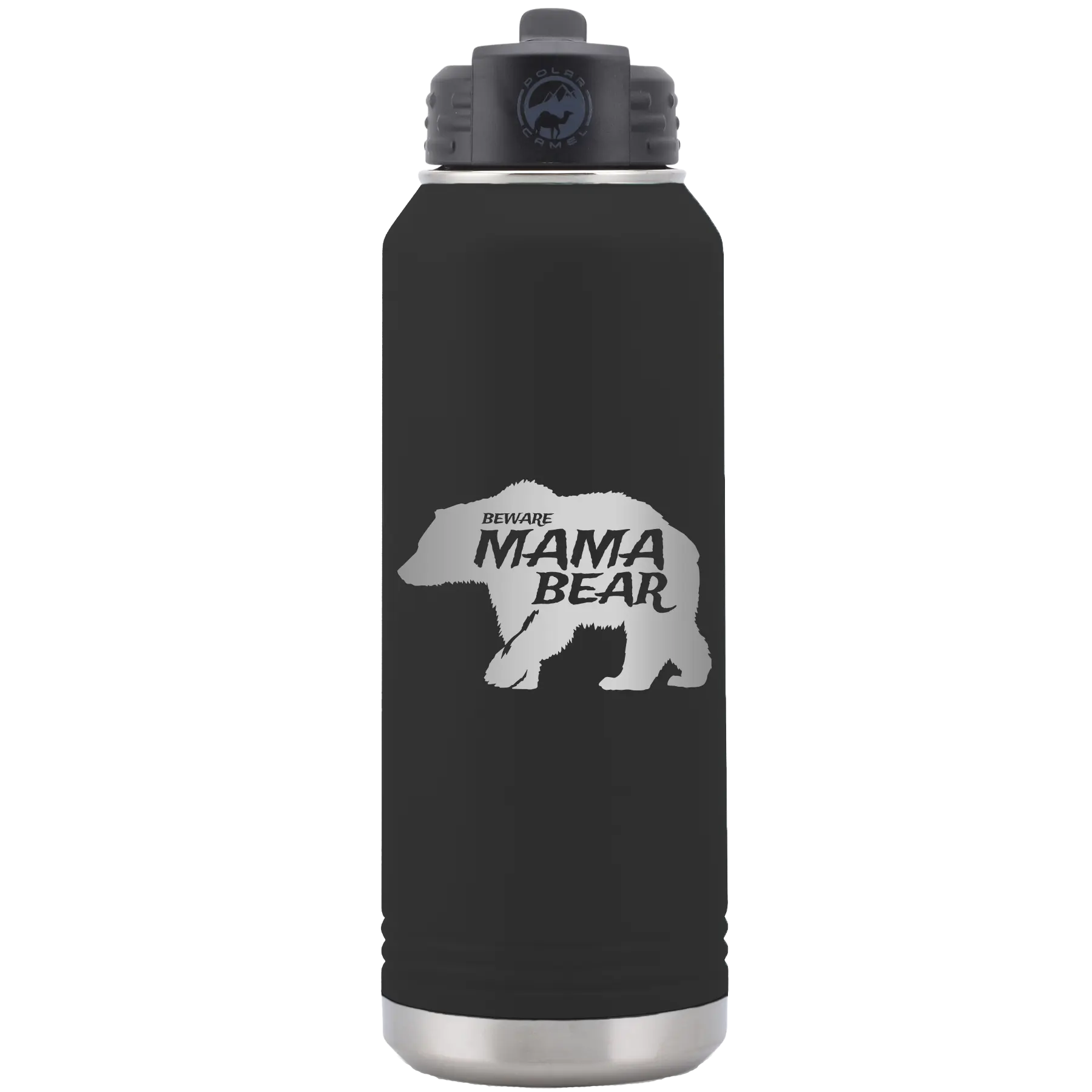 Laser etched black 32 oz vacuum insulated water bottle with 'Beware Mama Bear' design