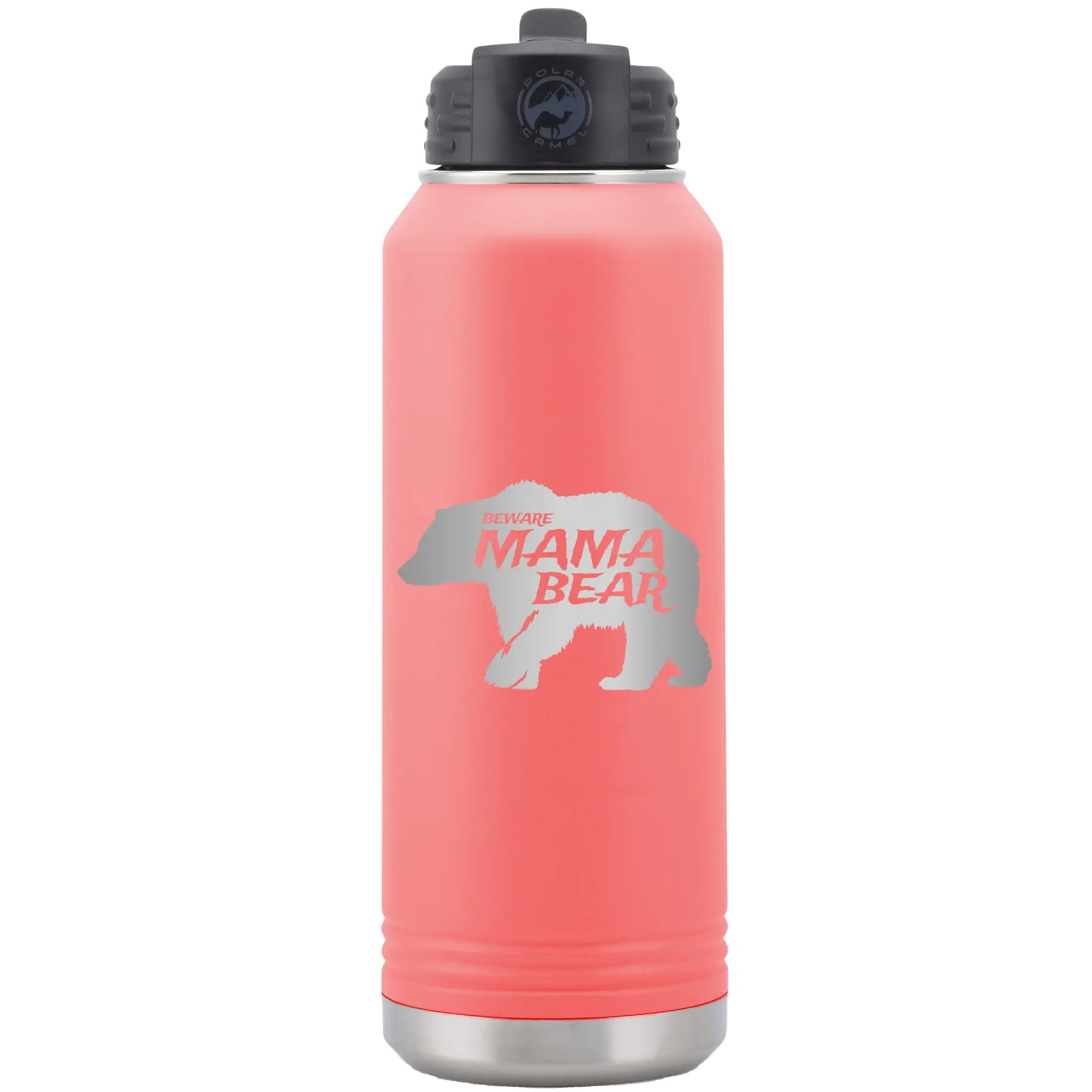 Laser etched coral 32 oz vacuum insulated water bottle with 'Beware Mama Bear' design