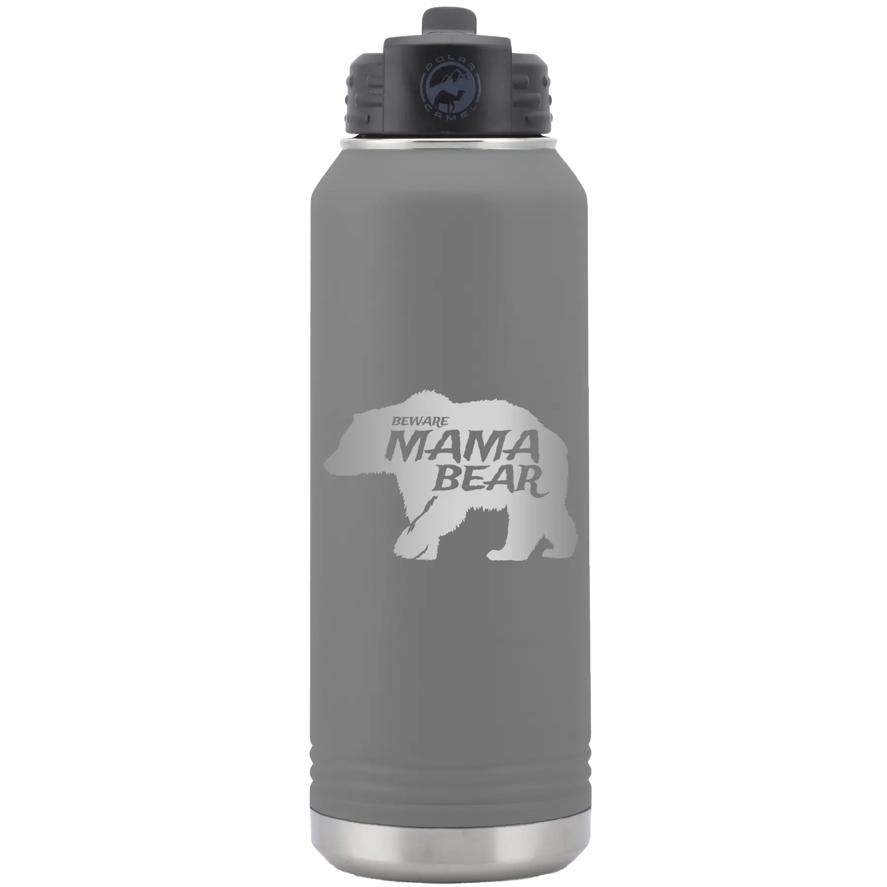 Laser etched dark gray 32 oz vacuum insulated water bottle with 'Beware Mama Bear' design