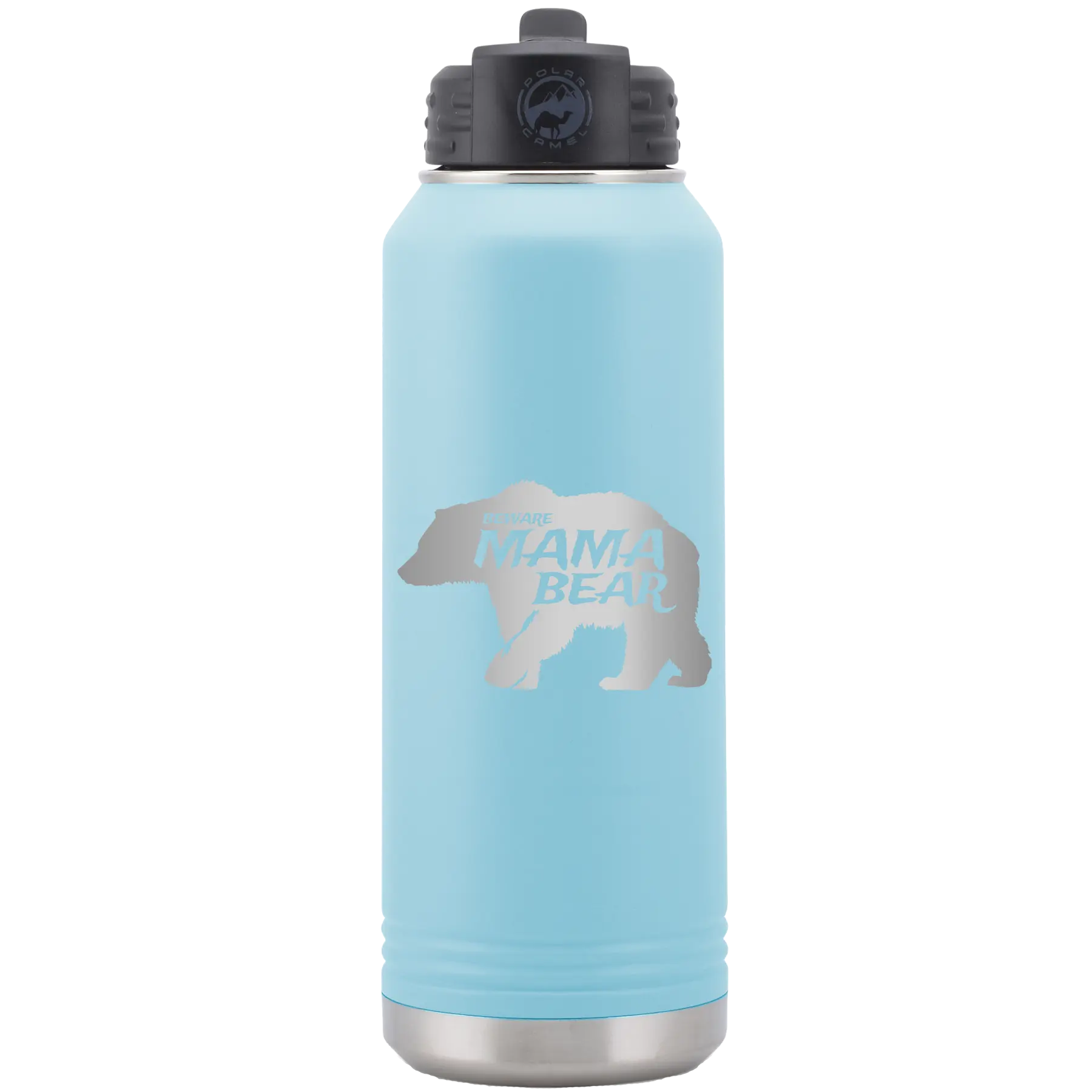 Laser etched light blue 32 oz vacuum insulated water bottle with 'Beware Mama Bear' design