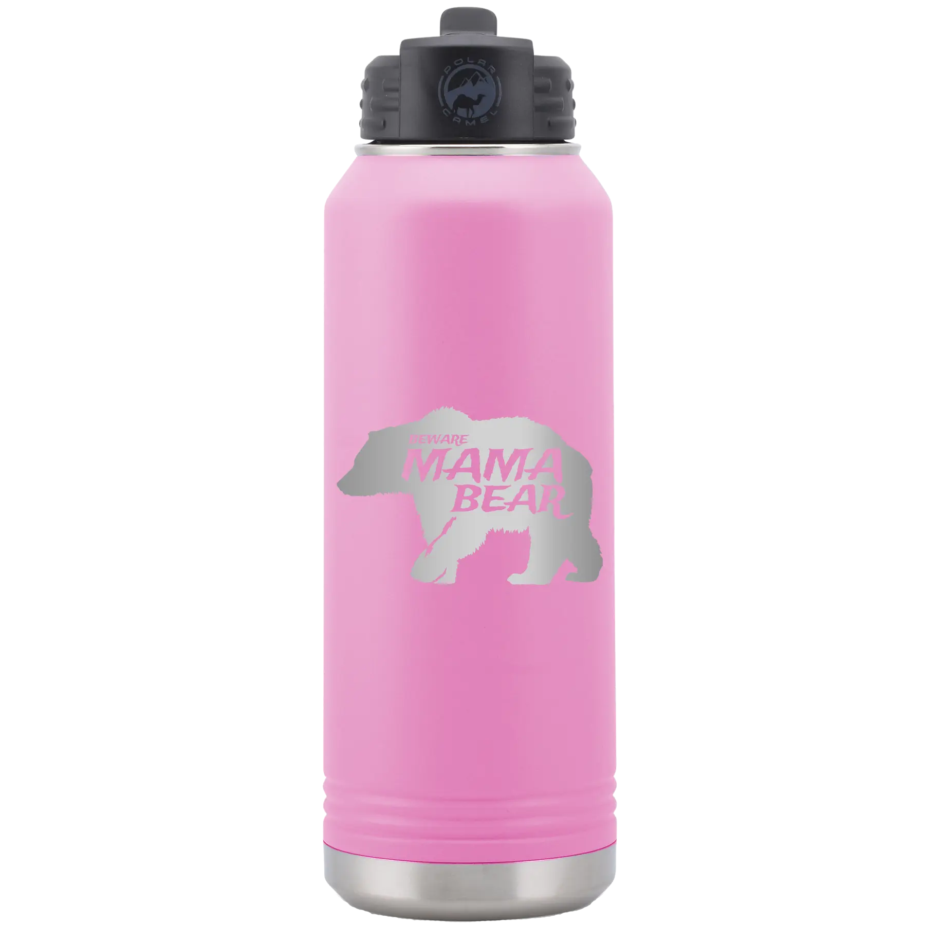 Laser etched light purple 32 oz vacuum insulated water bottle with 'Beware Mama Bear' design