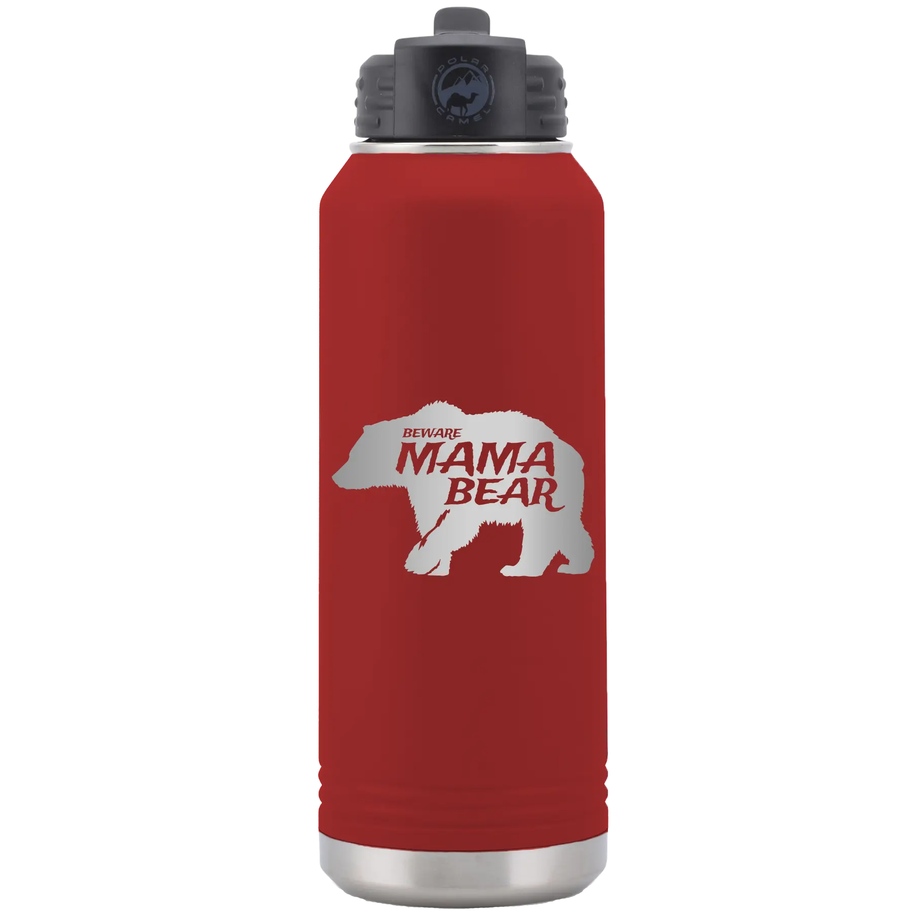 Laser etched maroon 32 oz vacuum insulated water bottle with 'Beware Mama Bear' design
