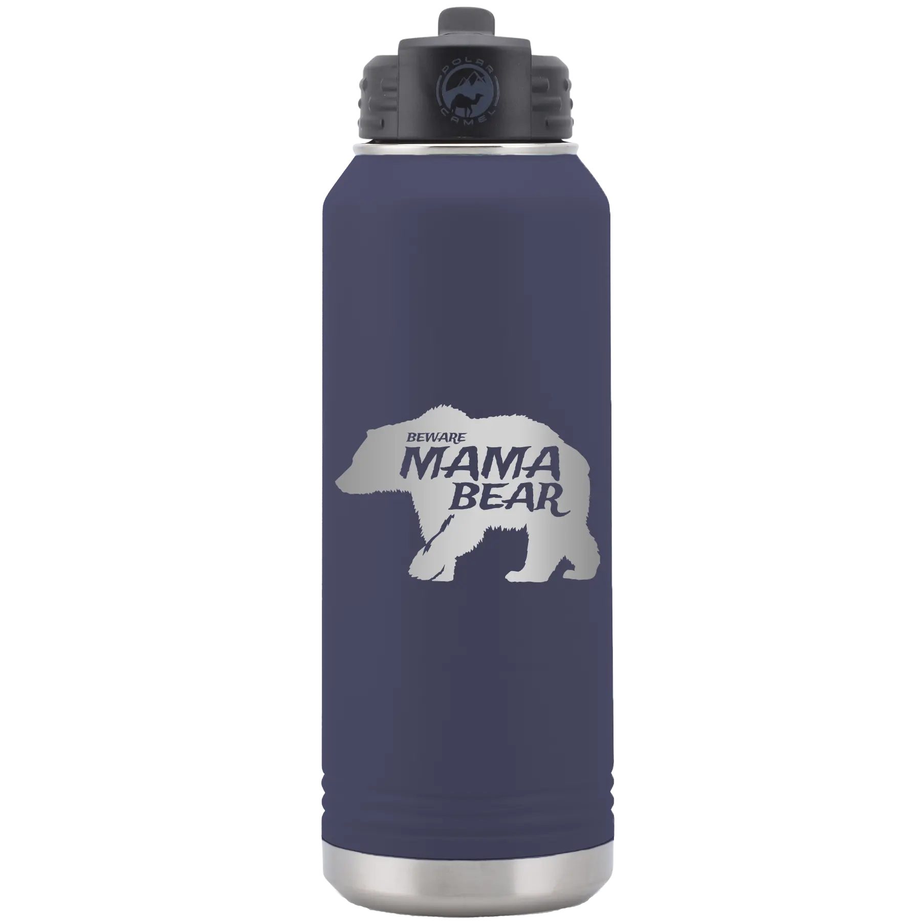 Laser etched navy 32 oz vacuum insulated water bottle with 'Beware Mama Bear' design