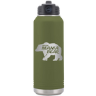 Laser etched olive green 32 oz vacuum insulated water bottle with 'Beware Mama Bear' design