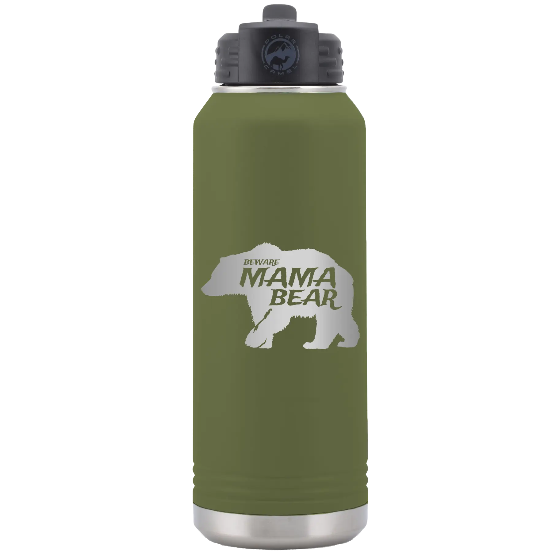 Laser etched olive green 32 oz vacuum insulated water bottle with 'Beware Mama Bear' design
