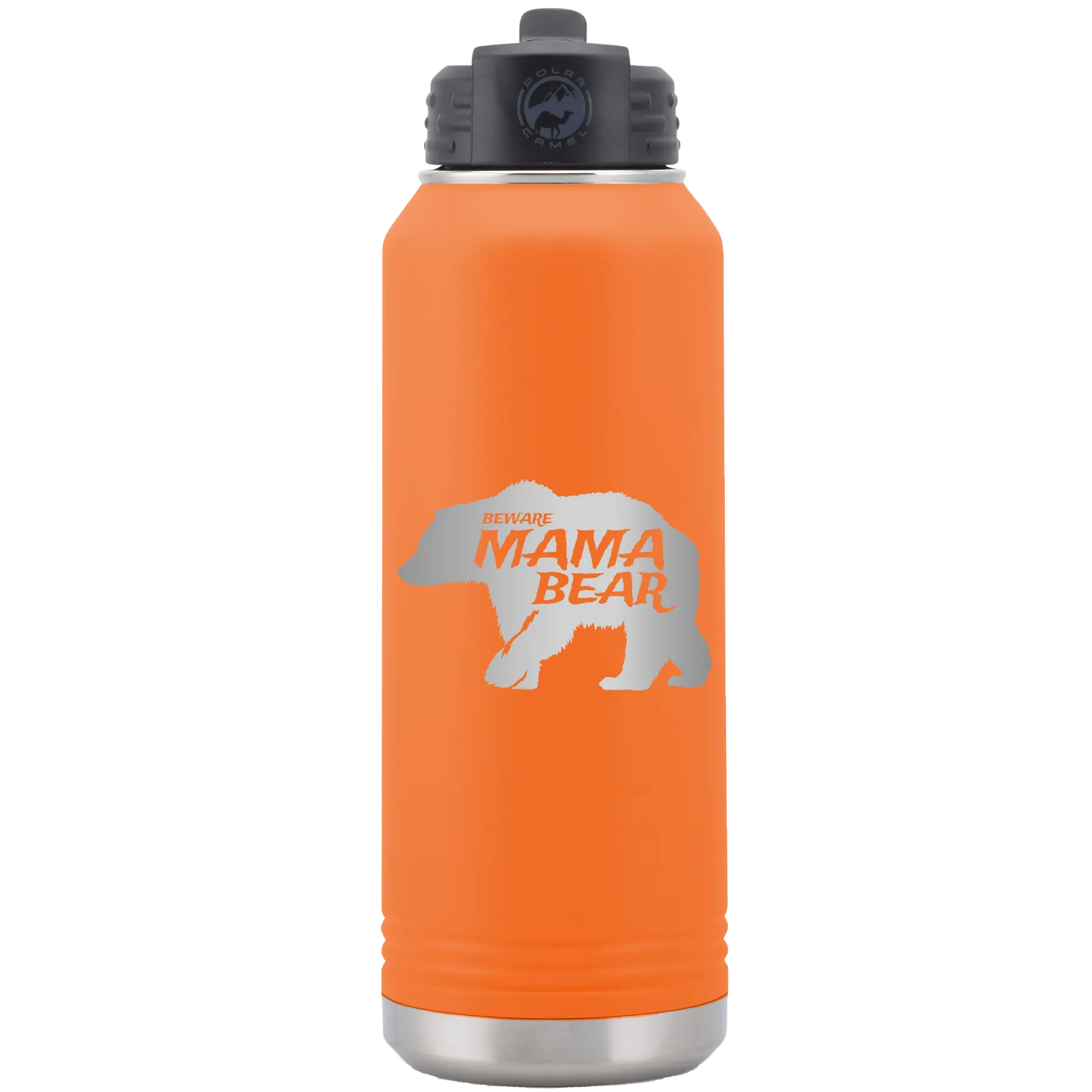 Laser etched orange 32 oz vacuum insulated water bottle with 'Beware Mama Bear' design