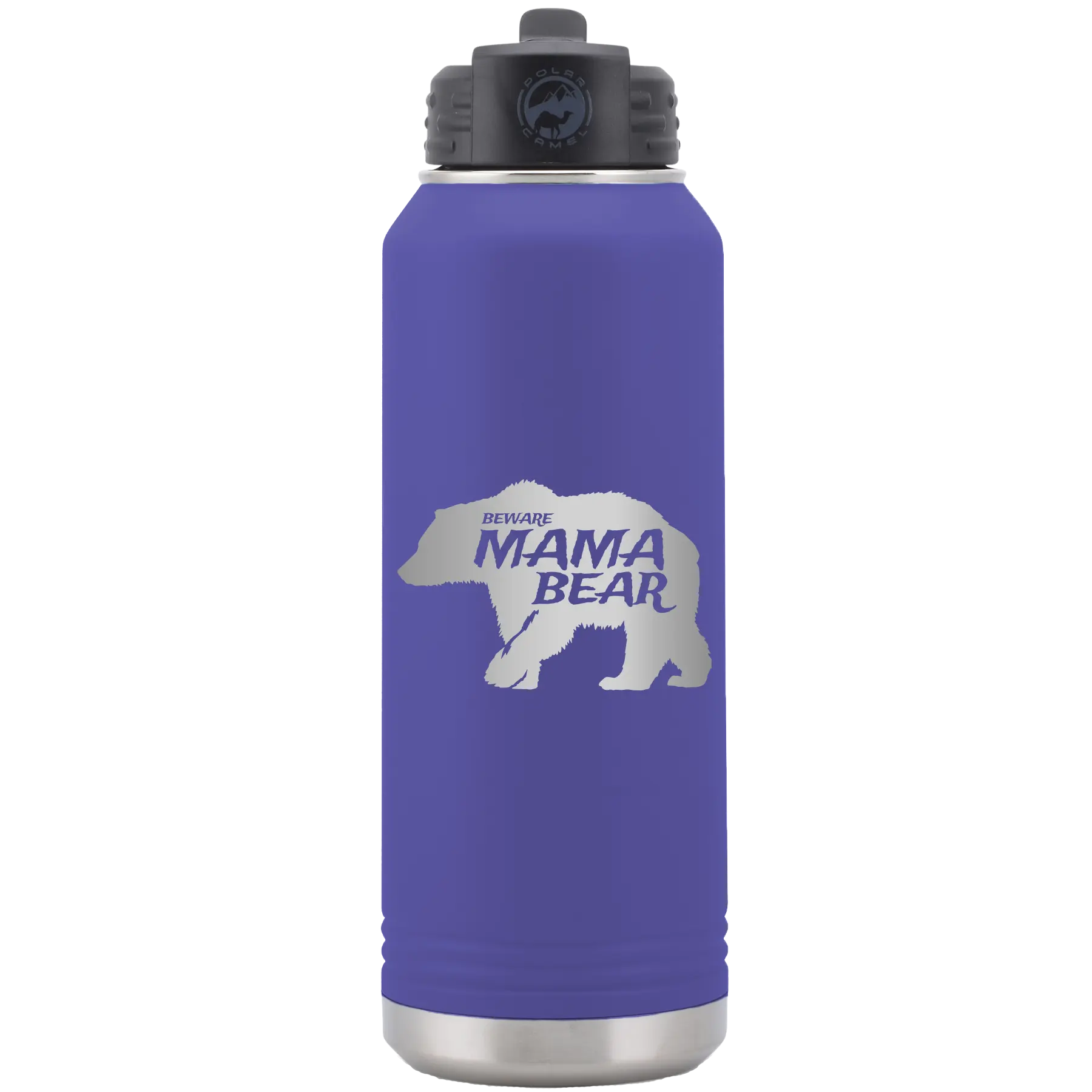 Laser etched purple 32 oz vacuum insulated water bottle with 'Beware Mama Bear' design