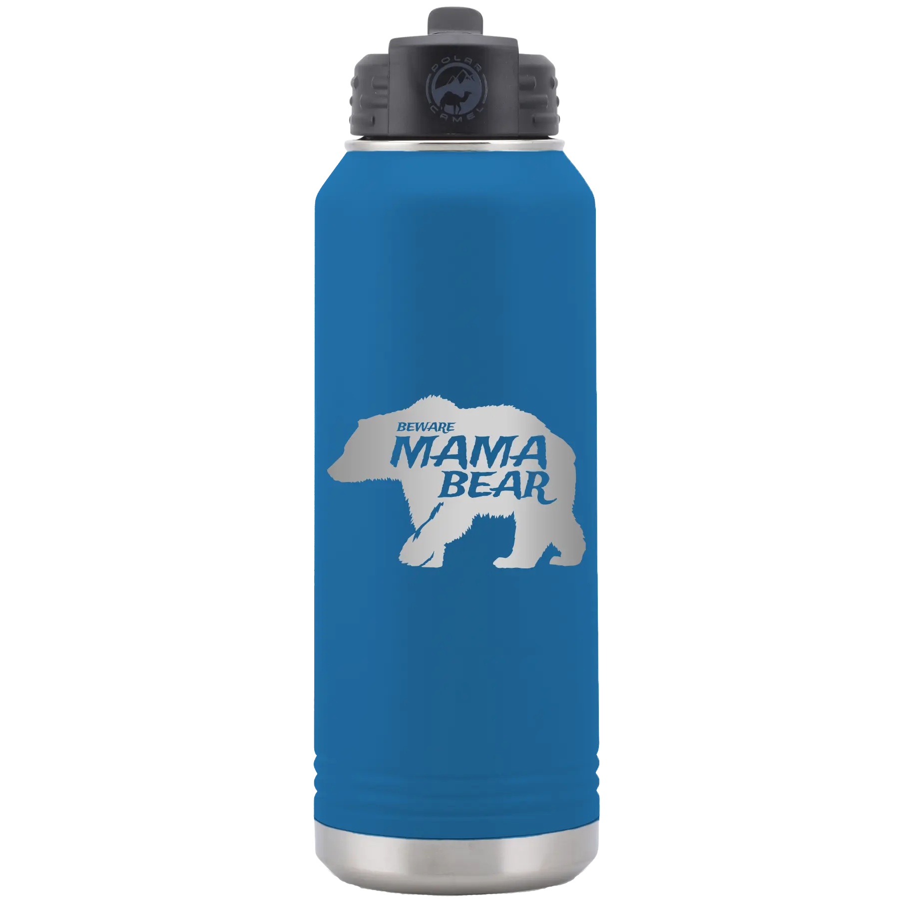 Laser etched royal blue 32 oz vacuum insulated water bottle with 'Beware Mama Bear' design