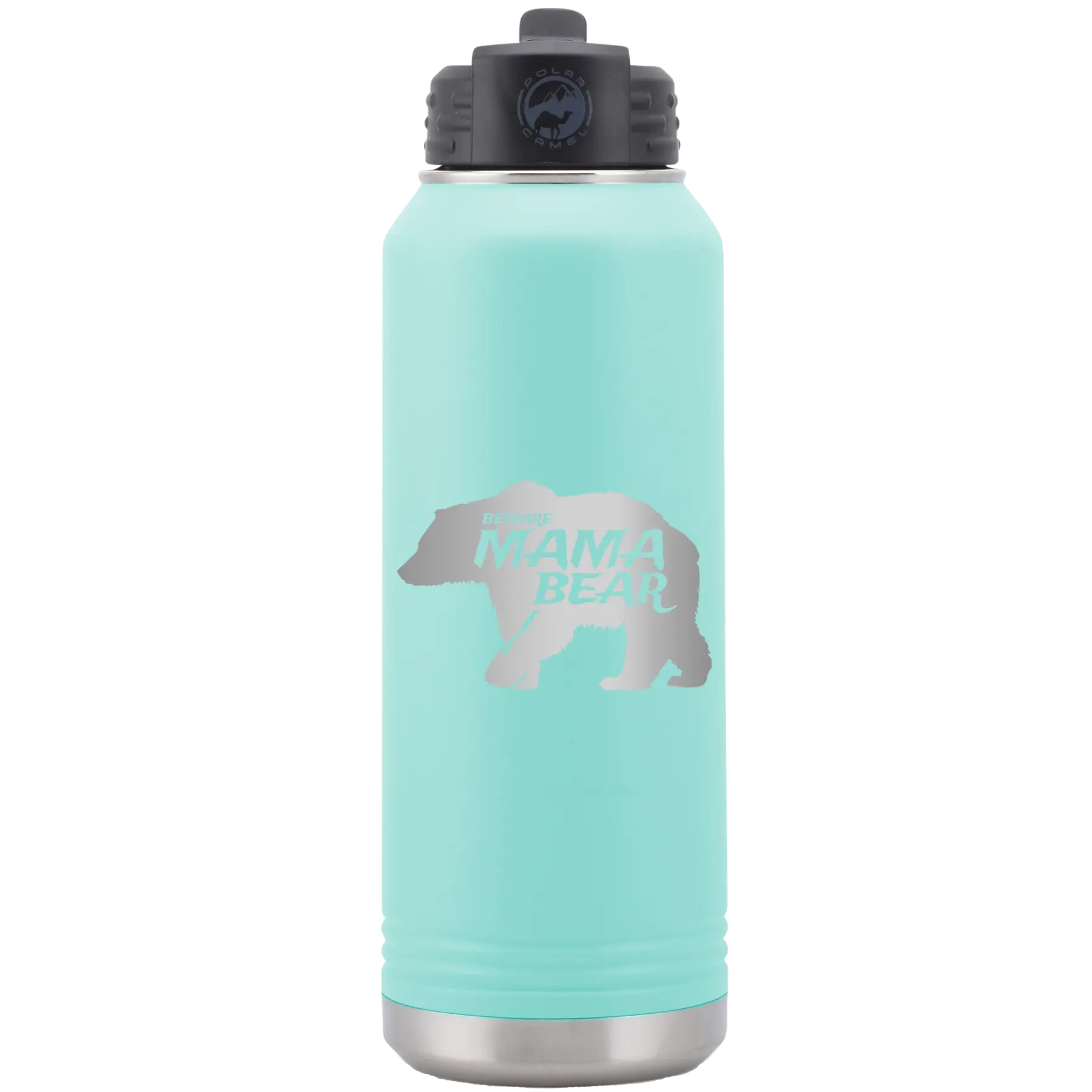 Laser etched teal 32 oz vacuum insulated water bottle with 'Beware Mama Bear' design