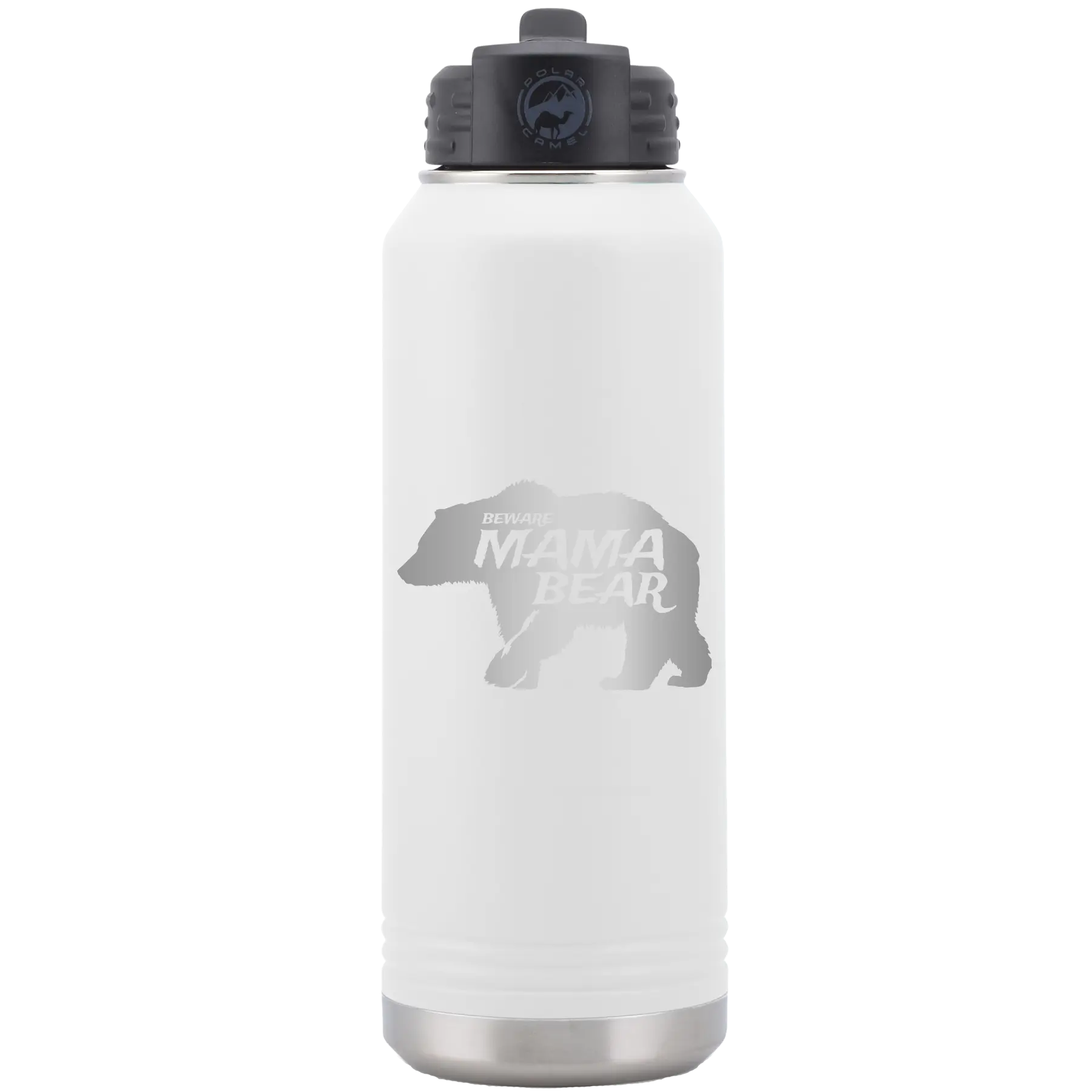 Laser etched white 32 oz vacuum insulated water bottle with 'Beware Mama Bear' design
