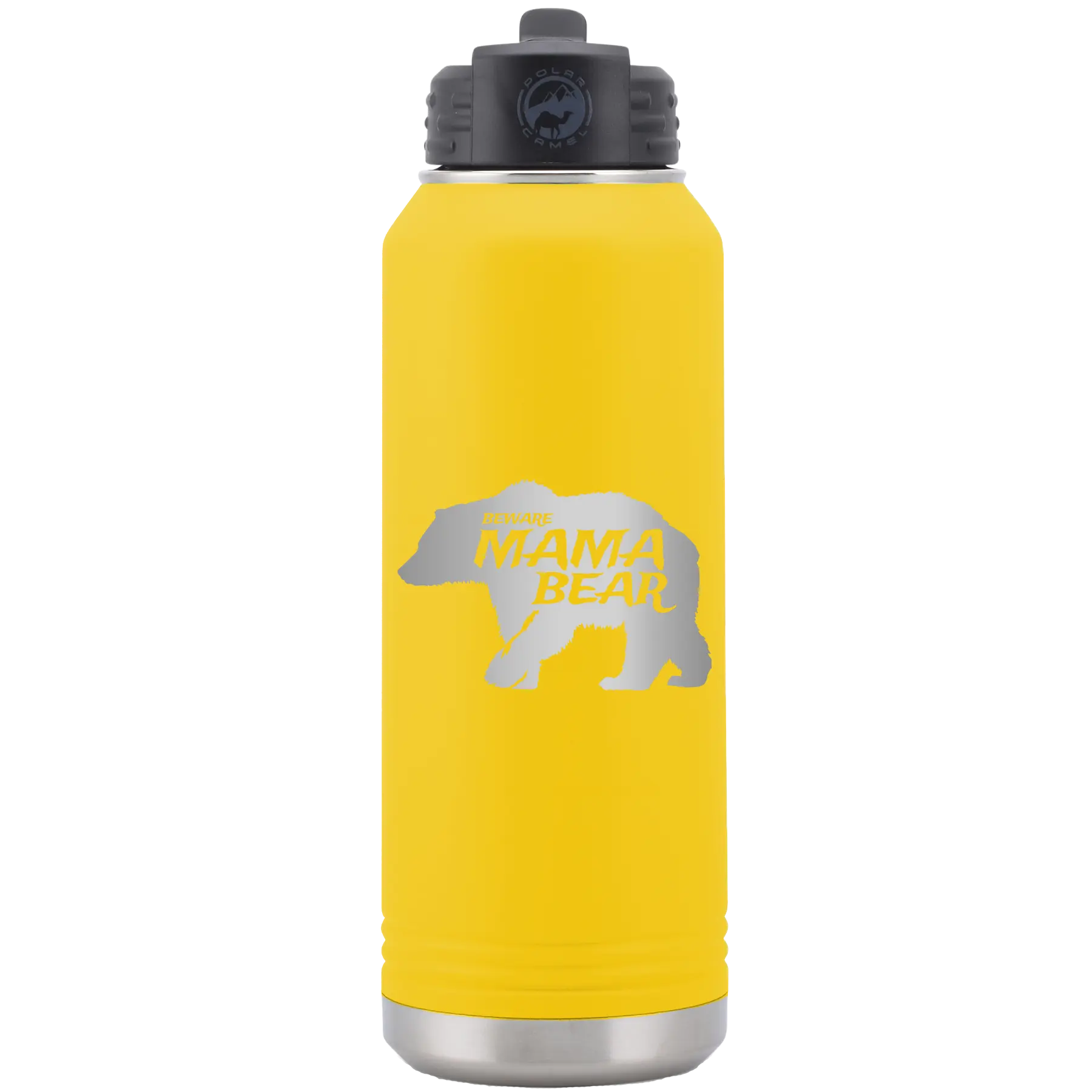Laser etched yellow 32 oz vacuum insulated water bottle with 'Beware Mama Bear' design