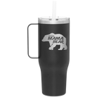 Laser etched black 40 oz vacuum insulated tumbler mug with 'Beware Mama Bear' design