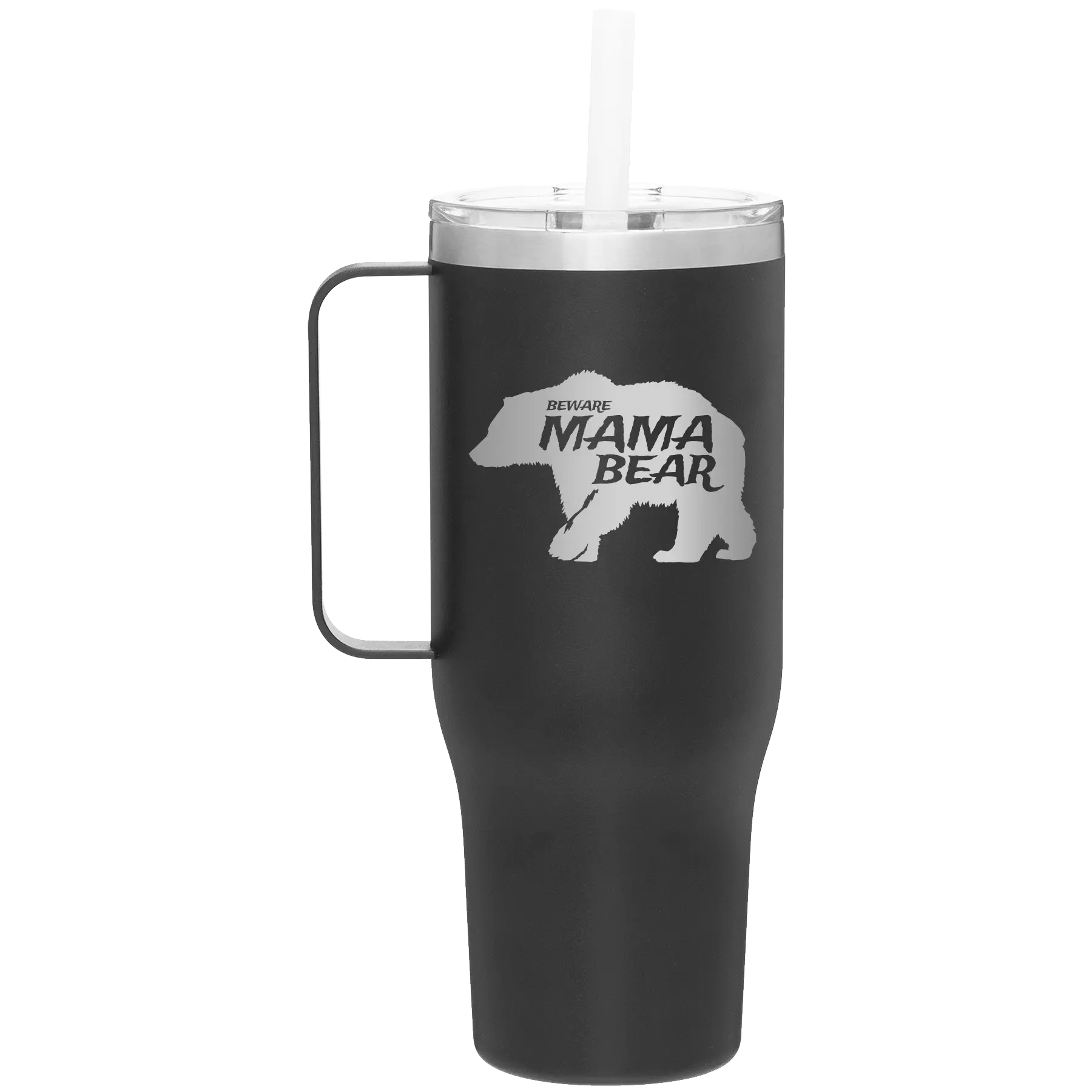 Laser etched black 40 oz vacuum insulated tumbler mug with 'Beware Mama Bear' design
