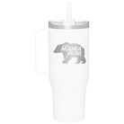 Laser etched white 40 oz vacuum insulated tumbler mug with 'Beware Mama Bear' design