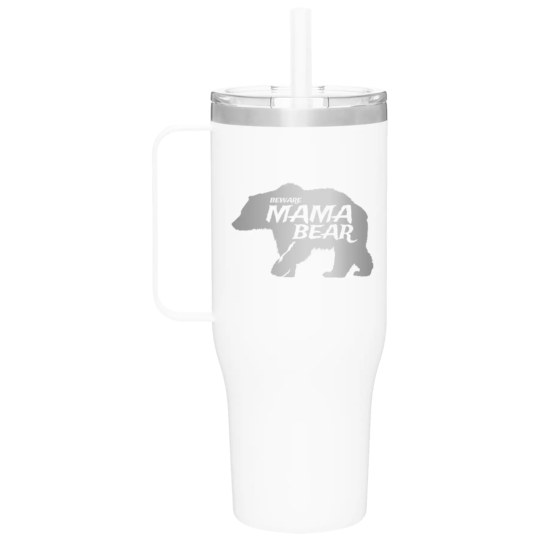 Laser etched white 40 oz vacuum insulated tumbler mug with 'Beware Mama Bear' design