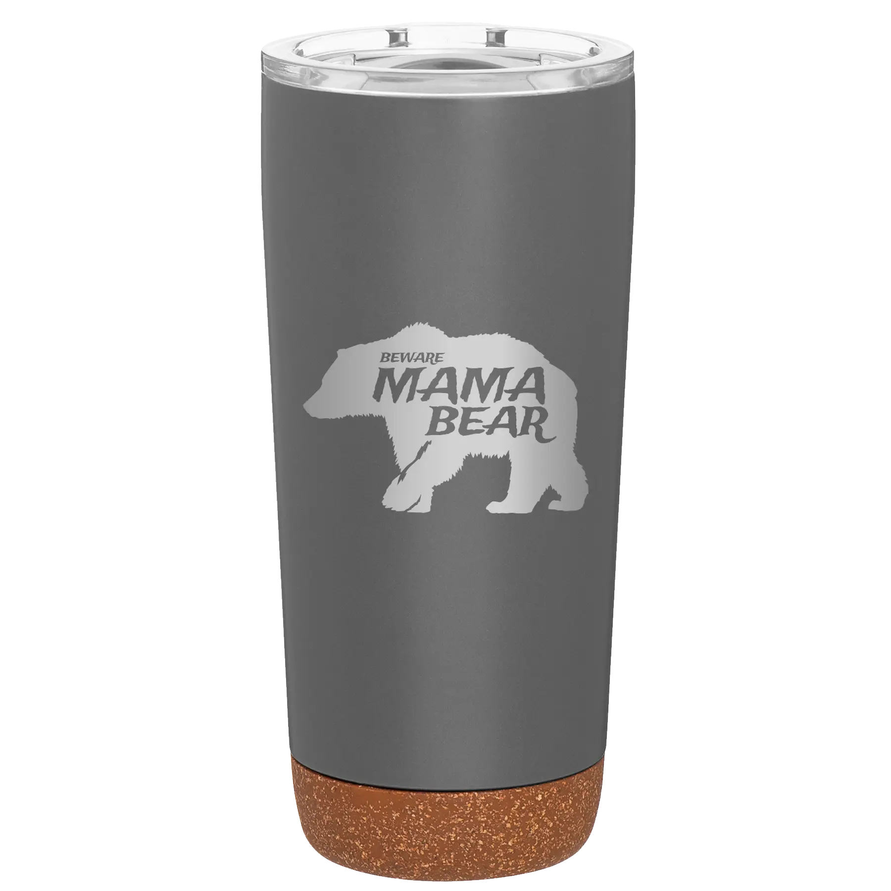 Laser etched storm gray 20 oz vacuum insulated tumbler with 'Beware Mama Bear' design