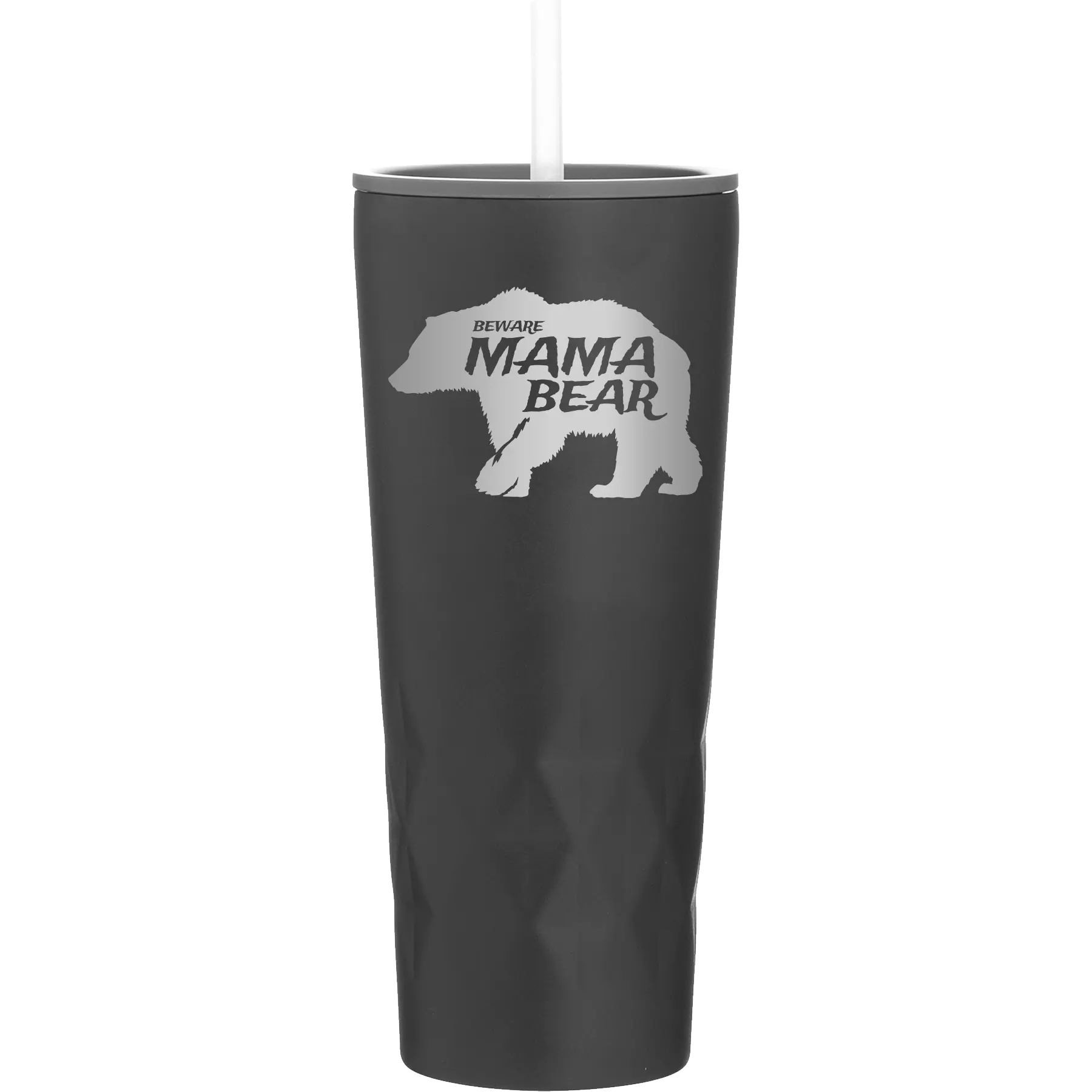 Laser etched black 20 oz vacuum insulated tumbler with 'Beware Mama Bear' design