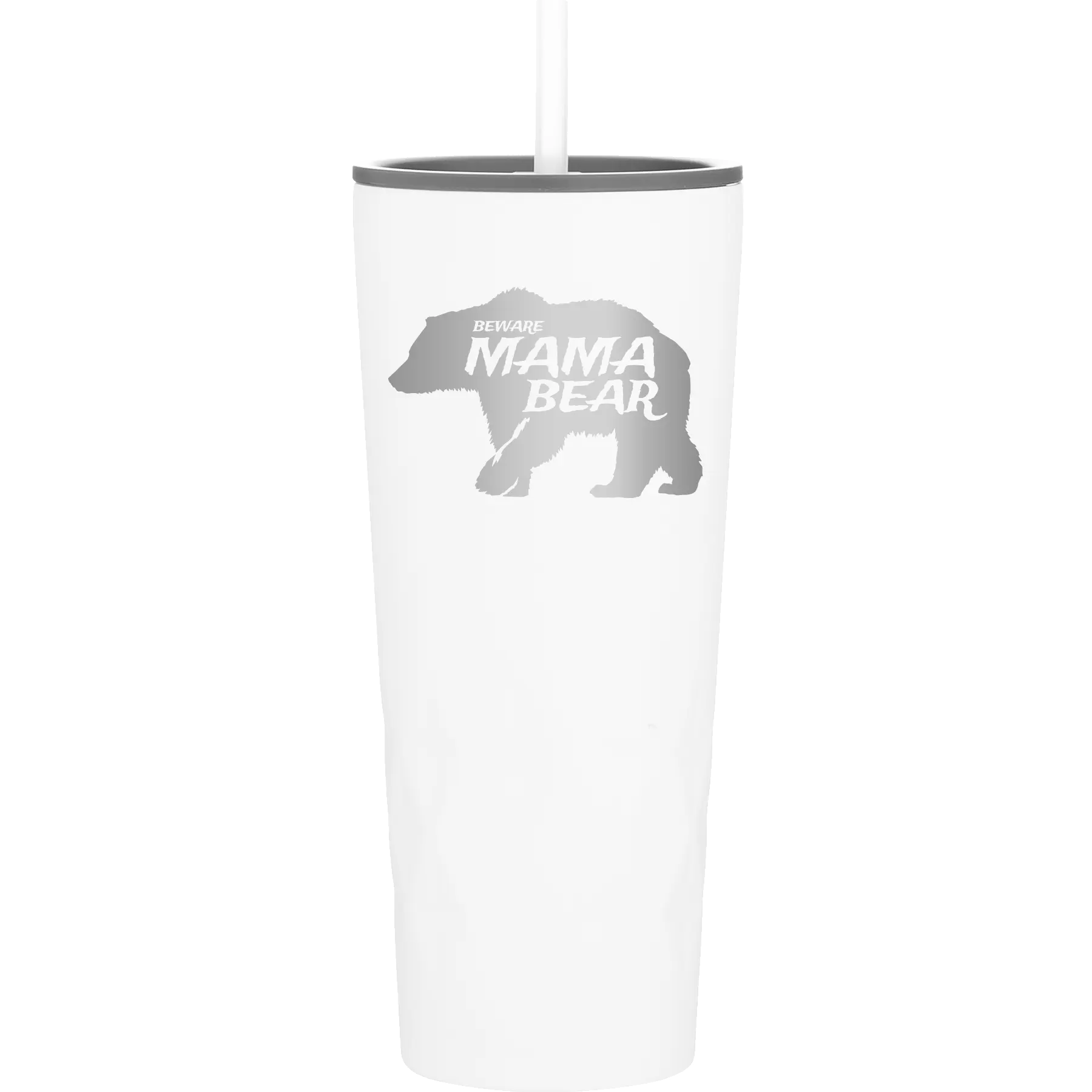 Laser etched white 20 oz vacuum insulated tumbler with 'Beware Mama Bear' design
