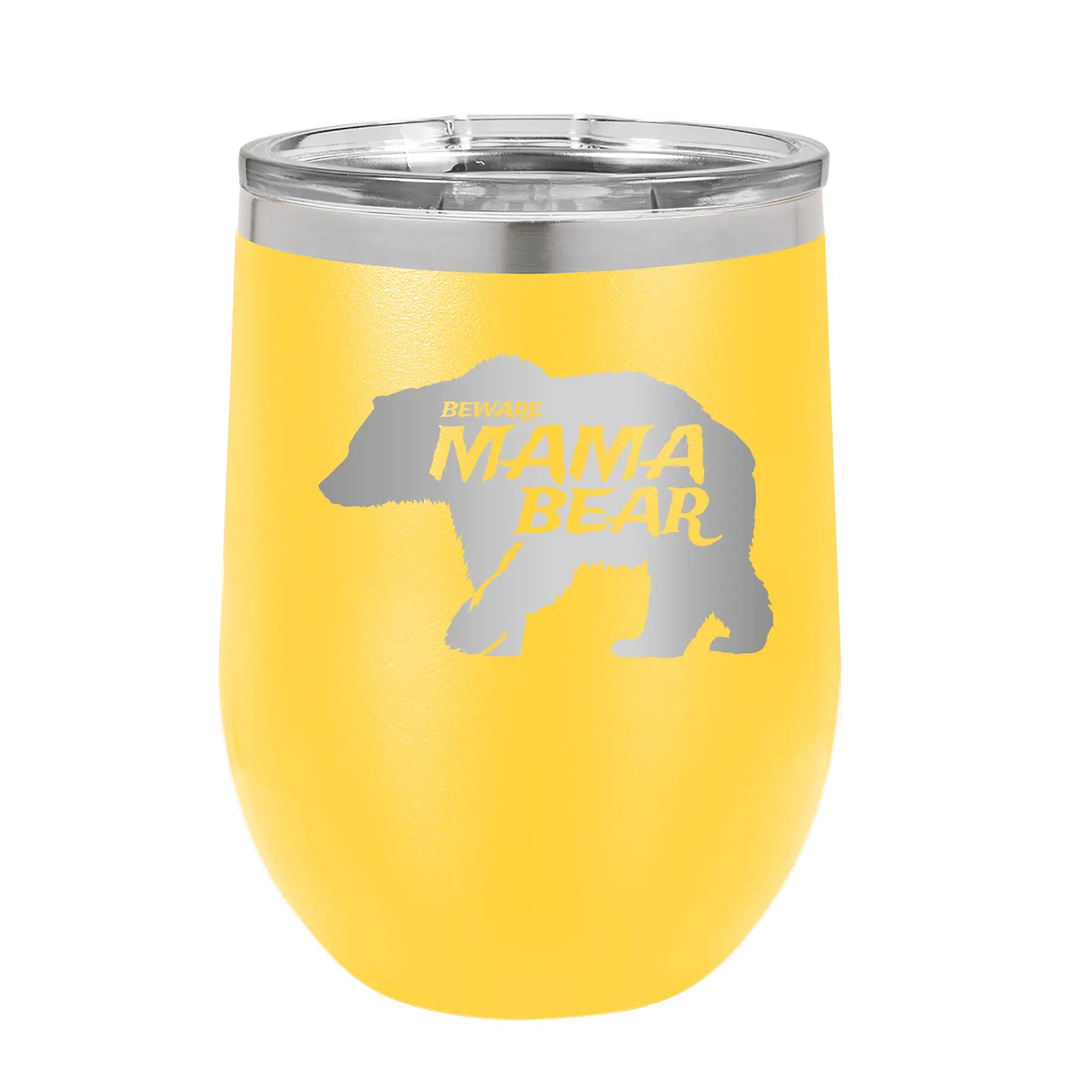 Laser etched yellow 12 oz vacuum insulated wine cup with 'Beware Mama Bear' design