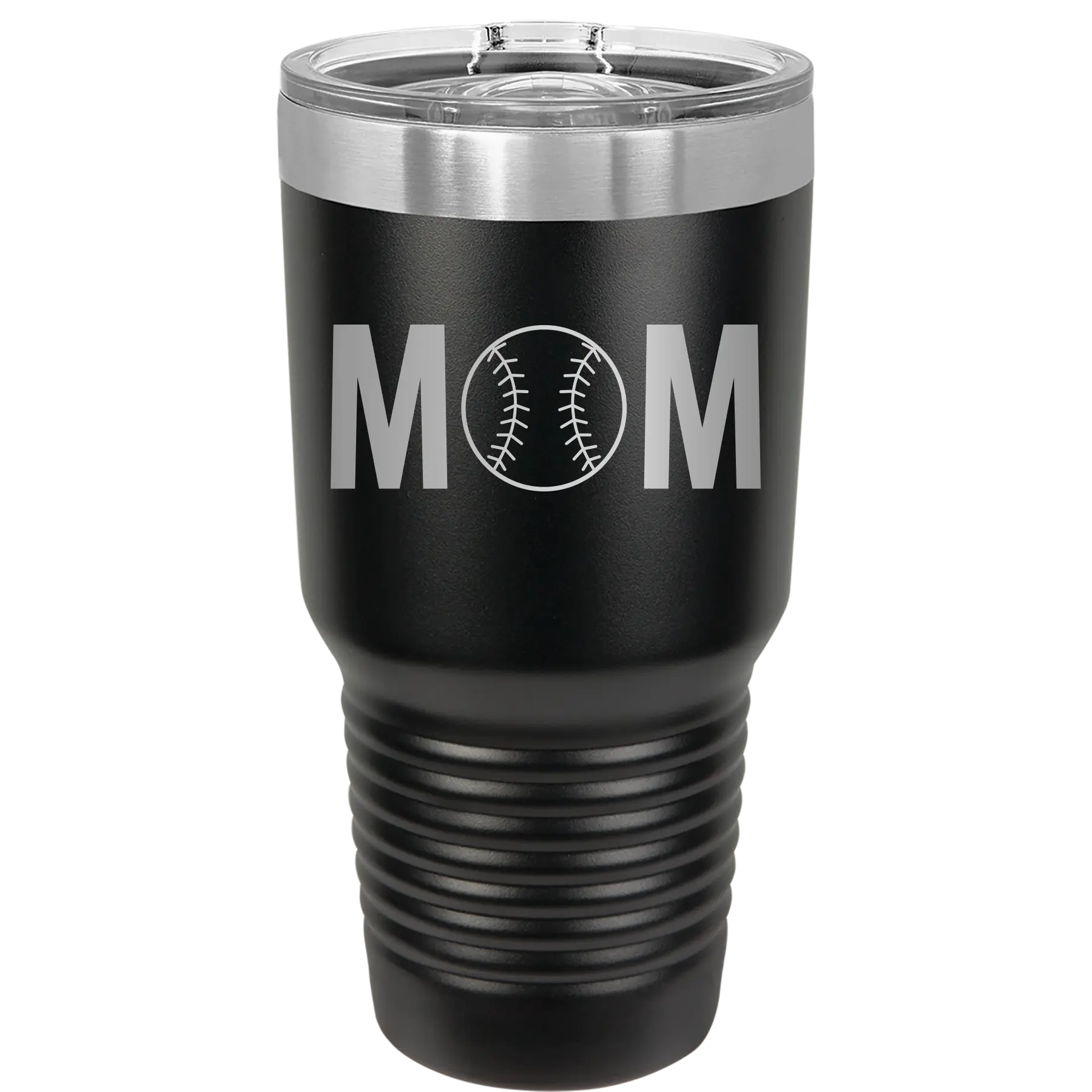 Personalized black 30 oz vacuum insulated tumbler with 'Mom Baseball' design