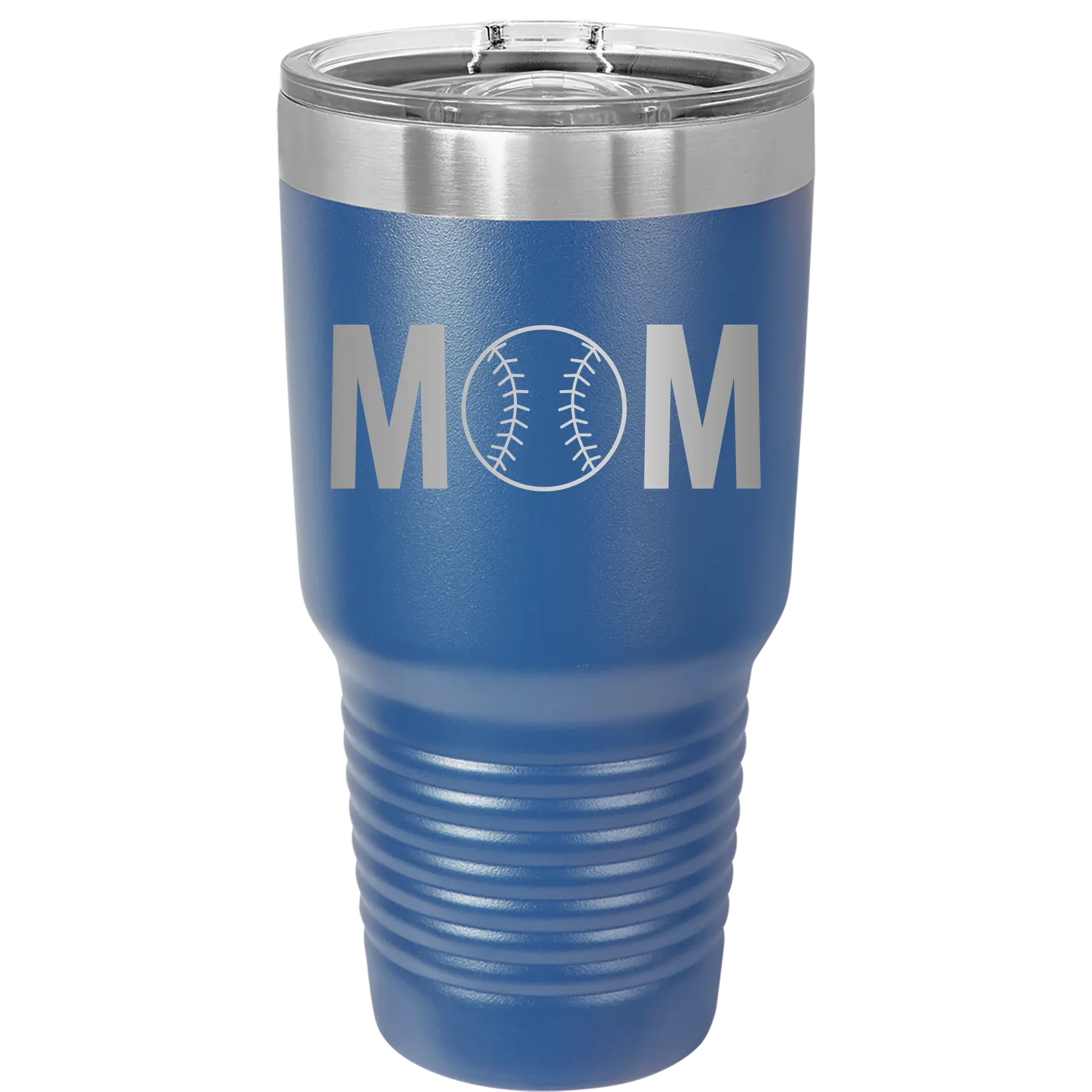 Personalized royal blue 30 oz vacuum insulated tumbler with 'Mom Baseball' design
