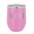Personalized light purple 12 oz vacuum insulated wine cup with 'Mom Baseball' design
