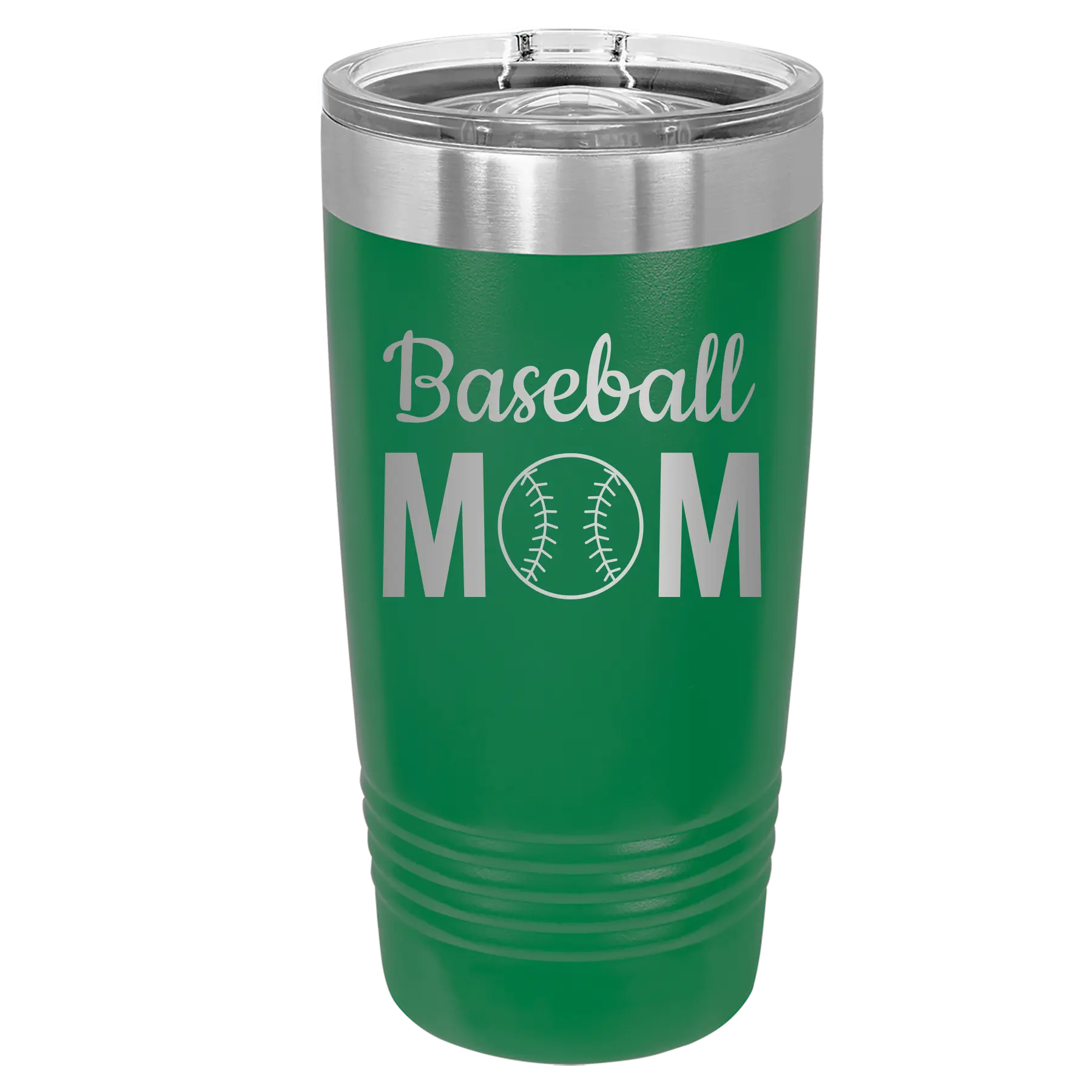 Personalized green 20 oz vacuum insulated tumbler with 'Mom Baseball2' design