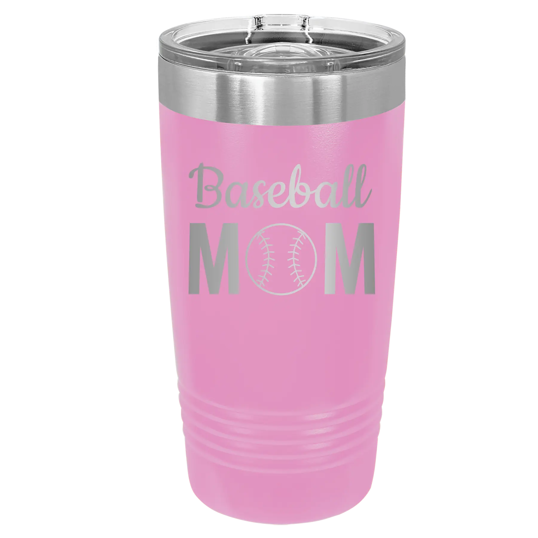 Personalized light purple 20 oz vacuum insulated tumbler with 'Mom Baseball2' design