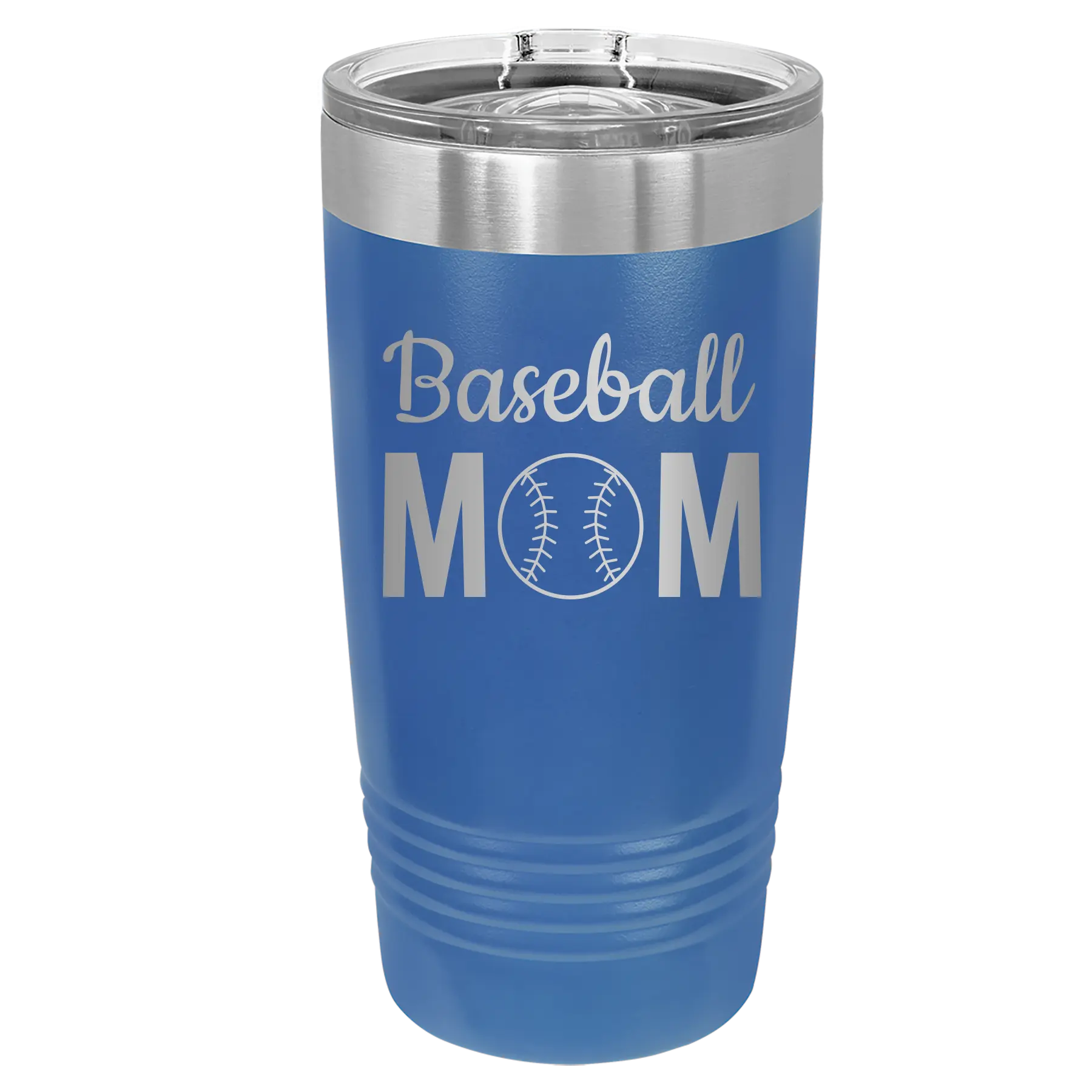 Personalized royal blue 20 oz vacuum insulated tumbler with 'Mom Baseball2' design