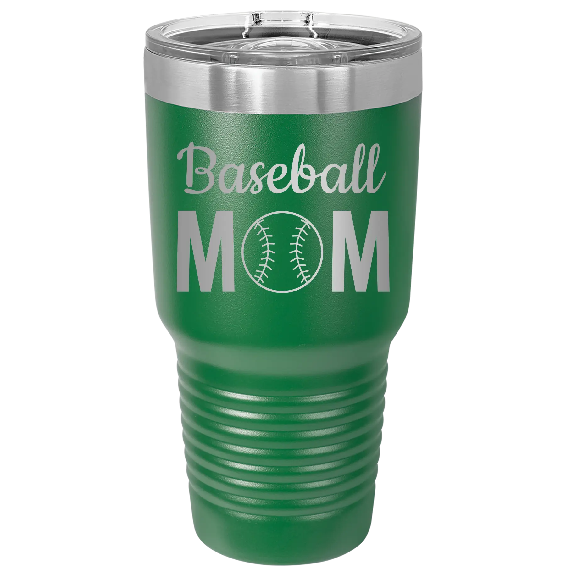 Personalized green 30 oz vacuum insulated tumbler with 'Mom Baseball2' design