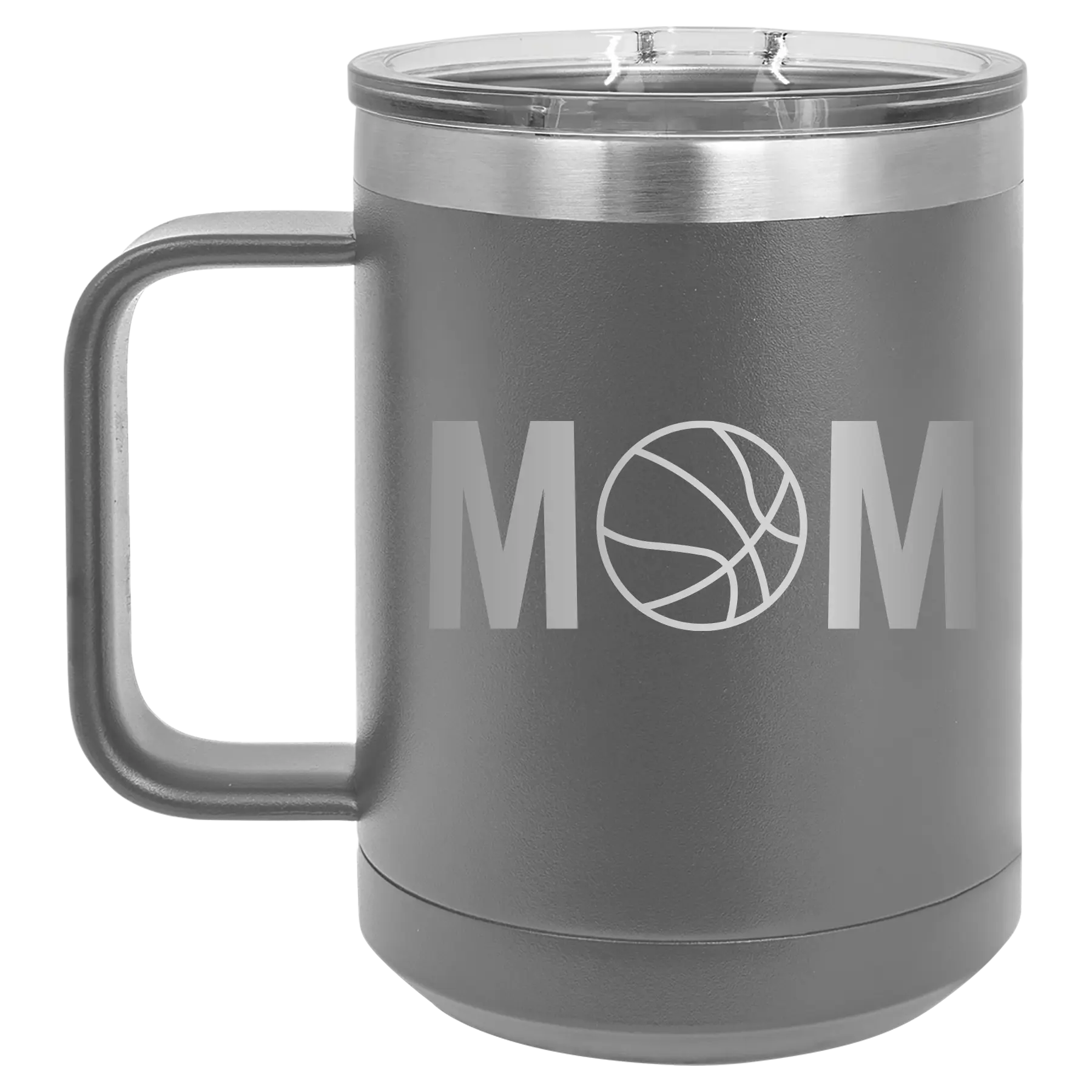 Laser etched dark gray 15 oz vacuum insulated coffee mug with 'Mom Basketball' design