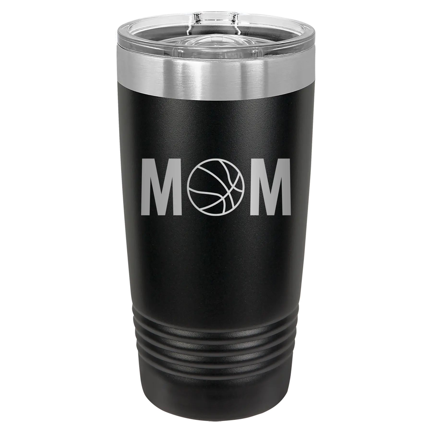 Laser etched black 20 oz vacuum insulated tumbler with 'Mom Basketball' design