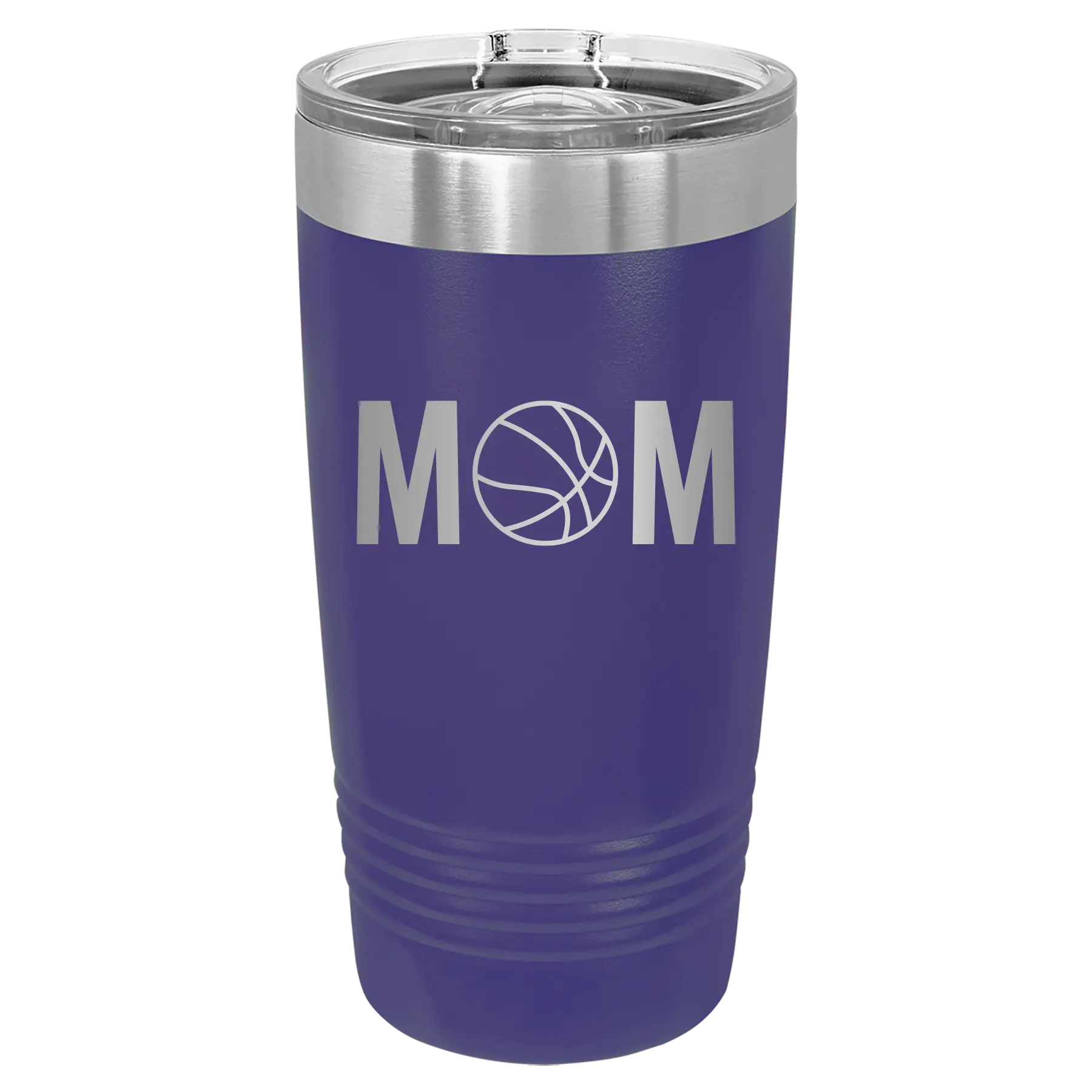 Laser etched purple 20 oz vacuum insulated tumbler with 'Mom Basketball' design