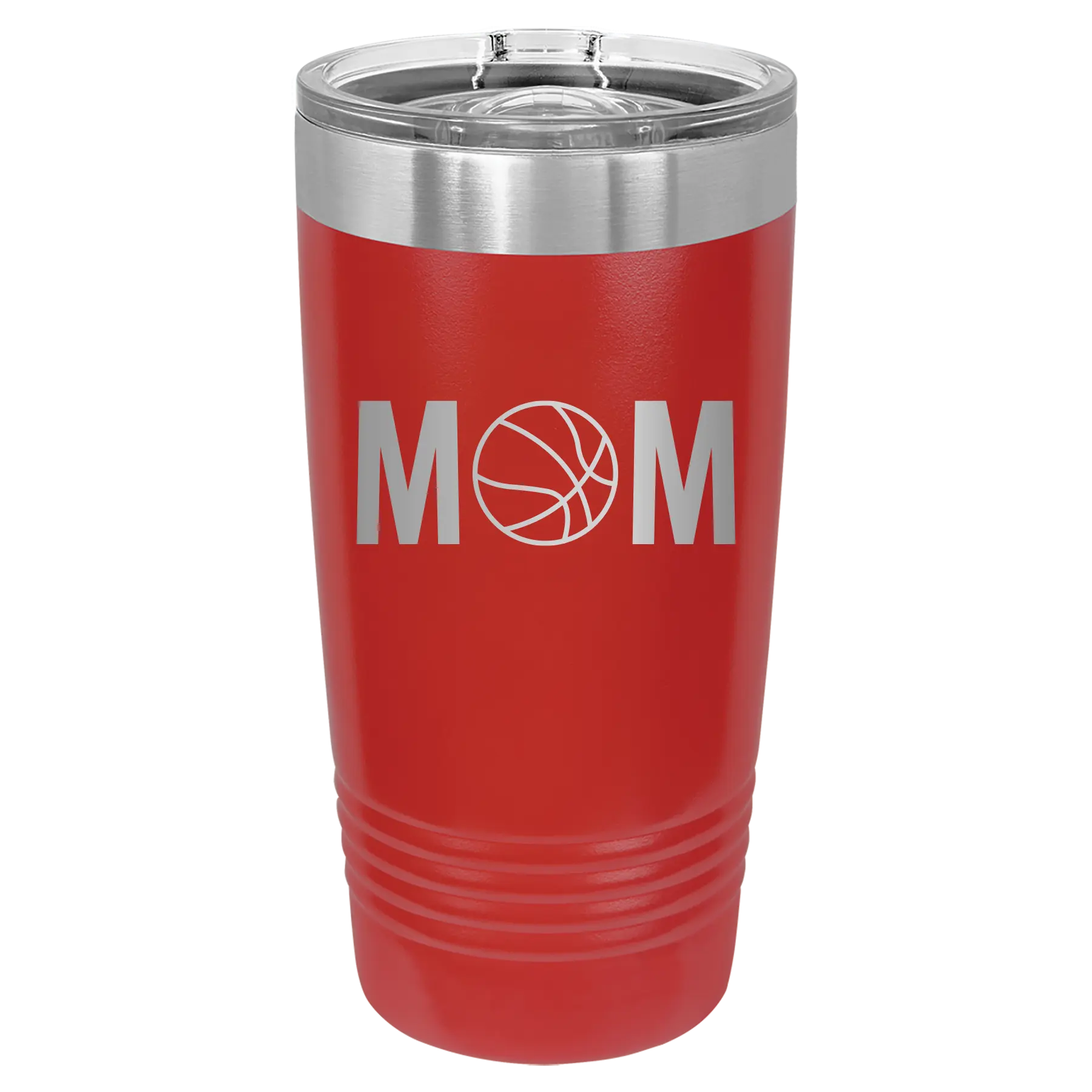 Laser etched red 20 oz vacuum insulated tumbler with 'Mom Basketball' design