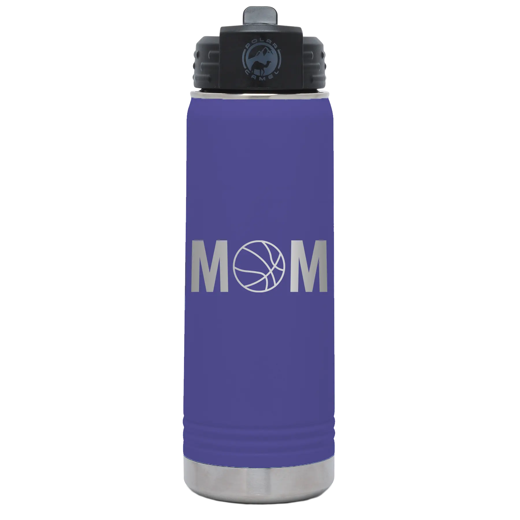Laser etched purple 20 oz vacuum insulated water bottle with 'Mom Basketball' design