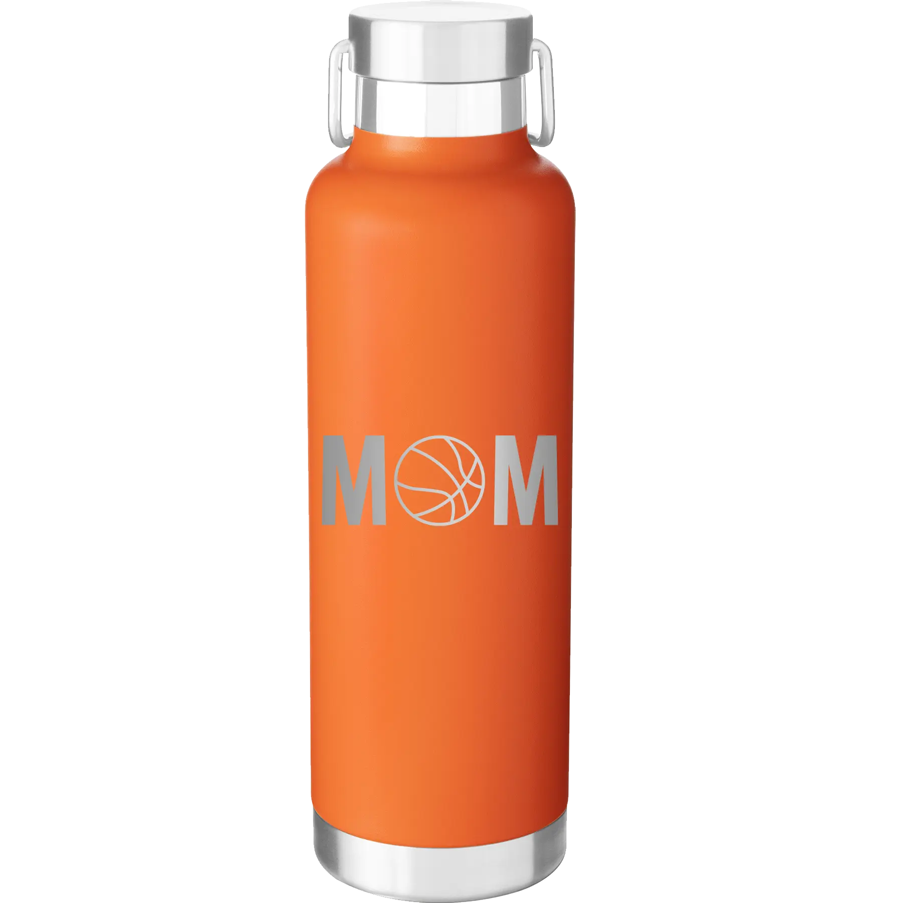 Laser etched orange 24 oz vacuum insulated water bottle with 'Mom Basketball' design