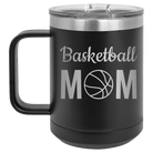 Laser etched black 15 oz vacuum insulated coffee mug with 'Mom Basketball2' design