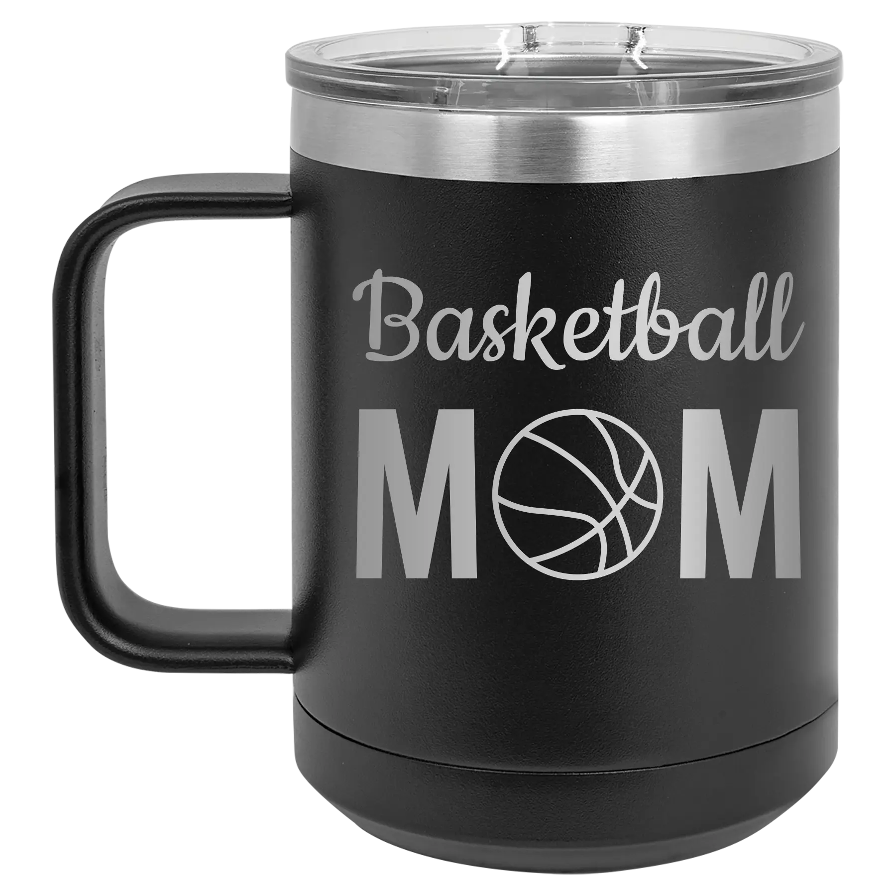 Laser etched black 15 oz vacuum insulated coffee mug with 'Mom Basketball2' design
