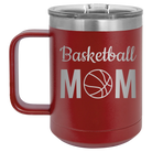 Laser etched maroon 15 oz vacuum insulated coffee mug with 'Mom Basketball2' design