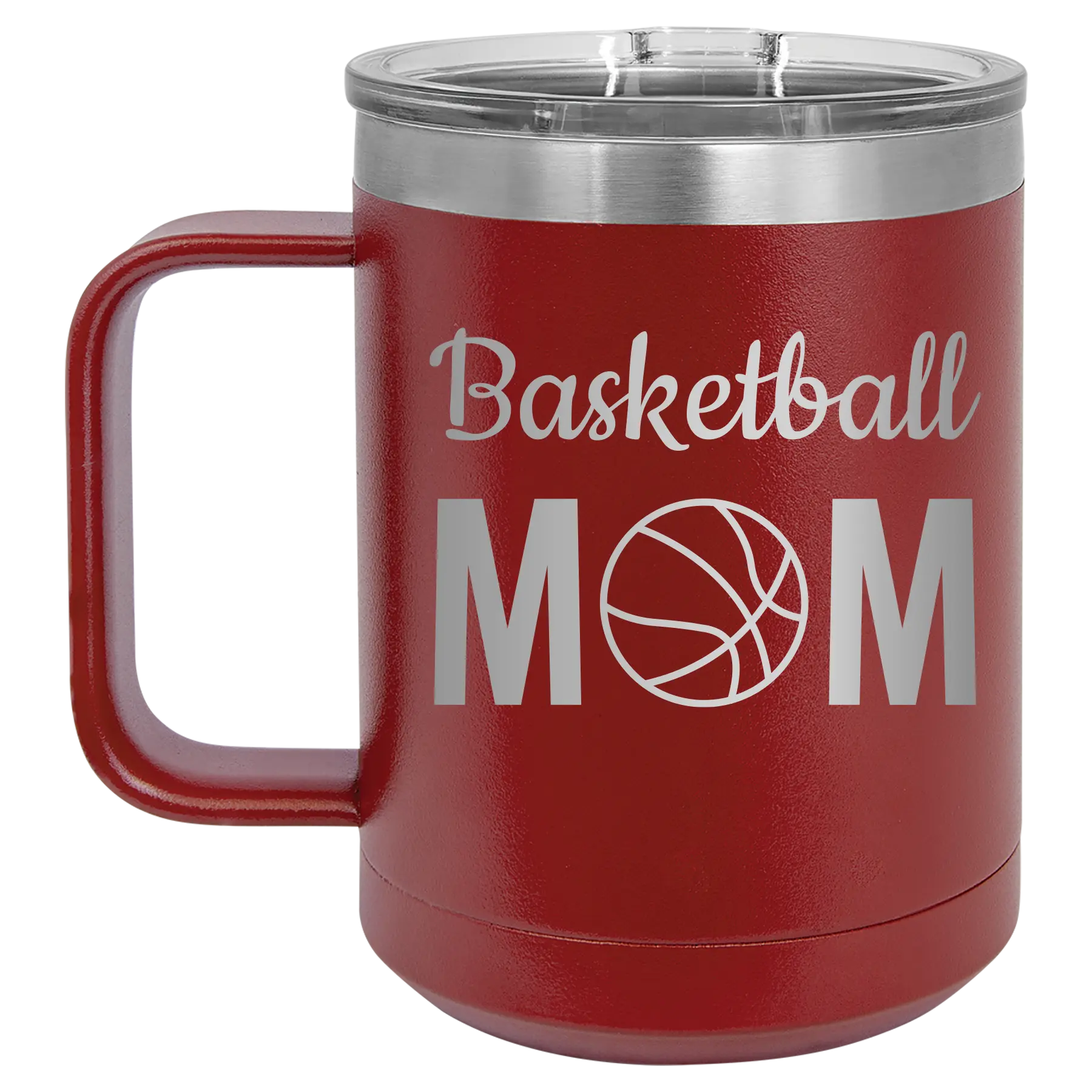 Laser etched maroon 15 oz vacuum insulated coffee mug with 'Mom Basketball2' design