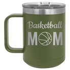 Laser etched olive green 15 oz vacuum insulated coffee mug with 'Mom Basketball2' design