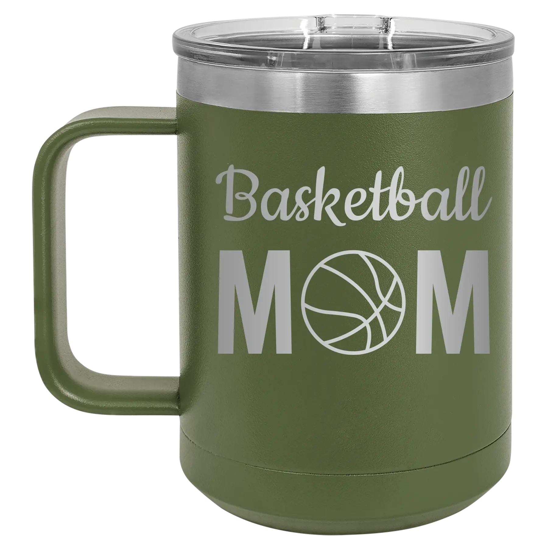 Laser etched olive green 15 oz vacuum insulated coffee mug with 'Mom Basketball2' design