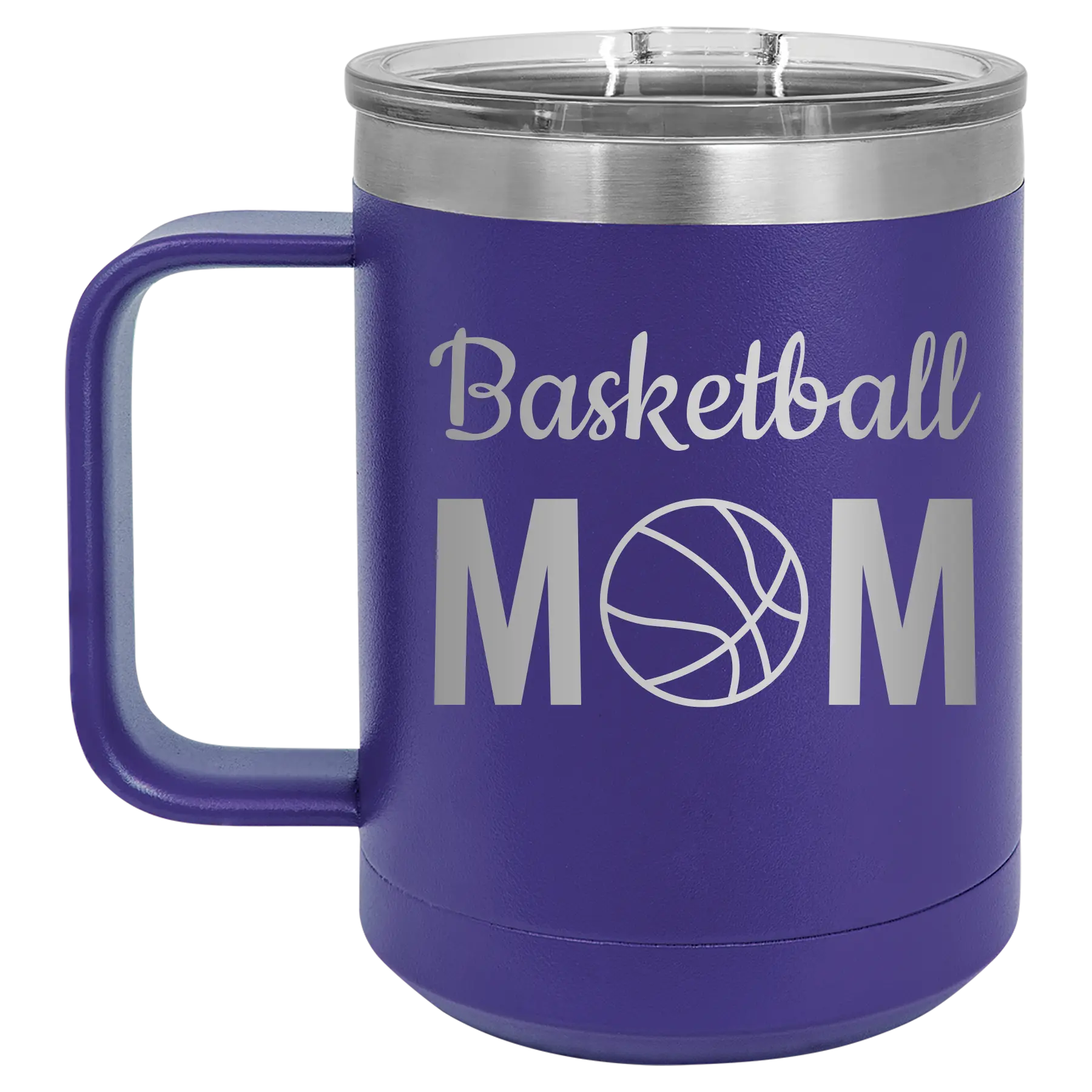 Laser etched purple 15 oz vacuum insulated coffee mug with 'Mom Basketball2' design