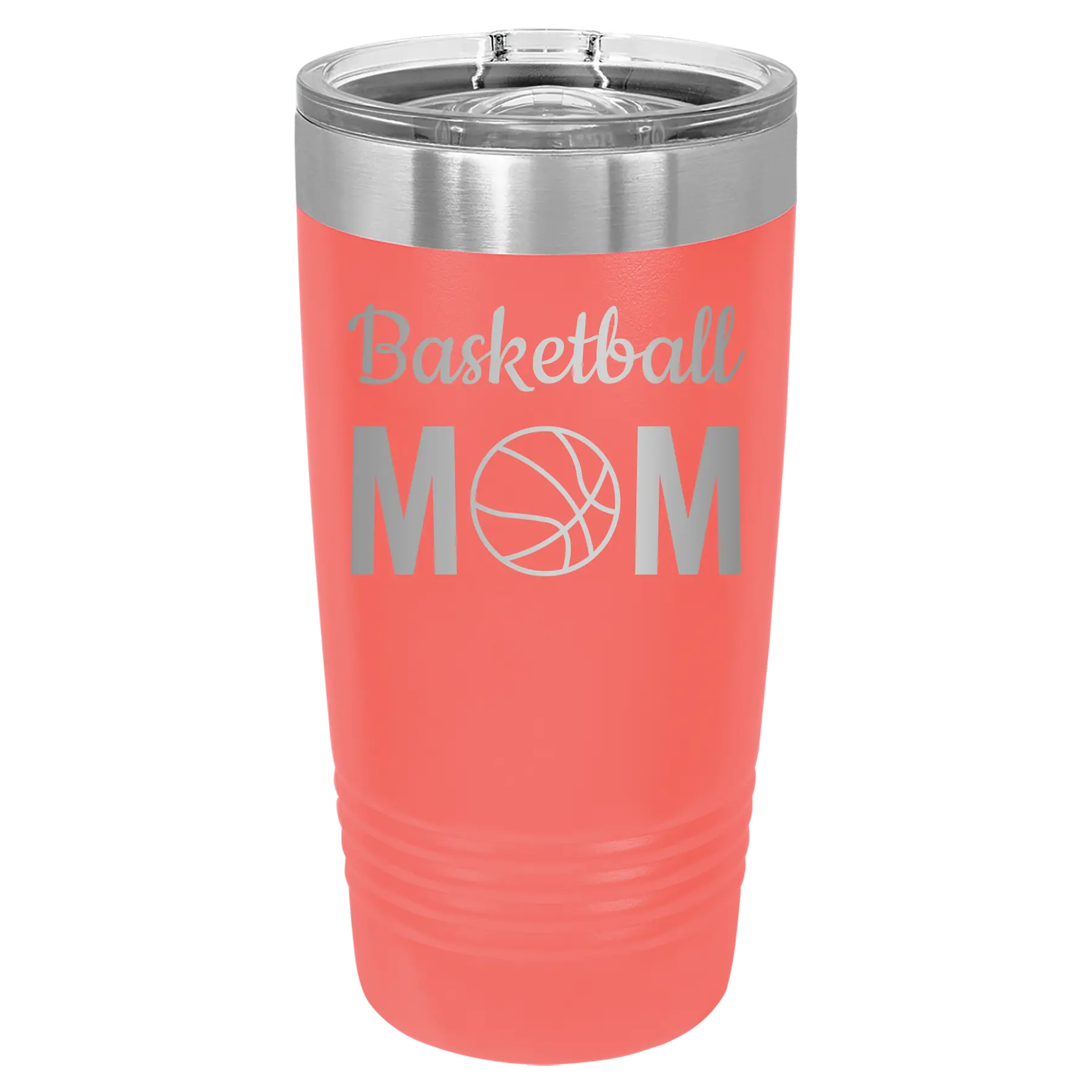 Laser etched coral 20 oz vacuum insulated tumbler with 'Mom Basketball2' design