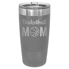 Laser etched dark gray 20 oz vacuum insulated tumbler with 'Mom Basketball2' design