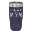 Laser etched navy 20 oz vacuum insulated tumbler with 'Mom Basketball2' design
