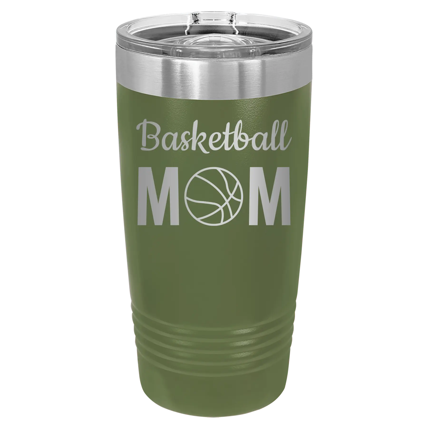Laser etched olive green 20 oz vacuum insulated tumbler with 'Mom Basketball2' design