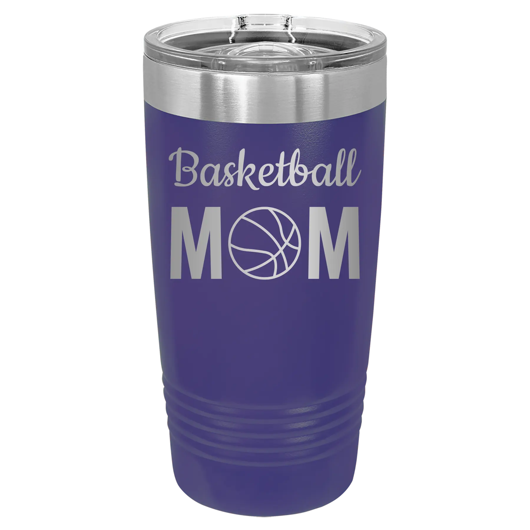 Laser etched purple 20 oz vacuum insulated tumbler with 'Mom Basketball2' design